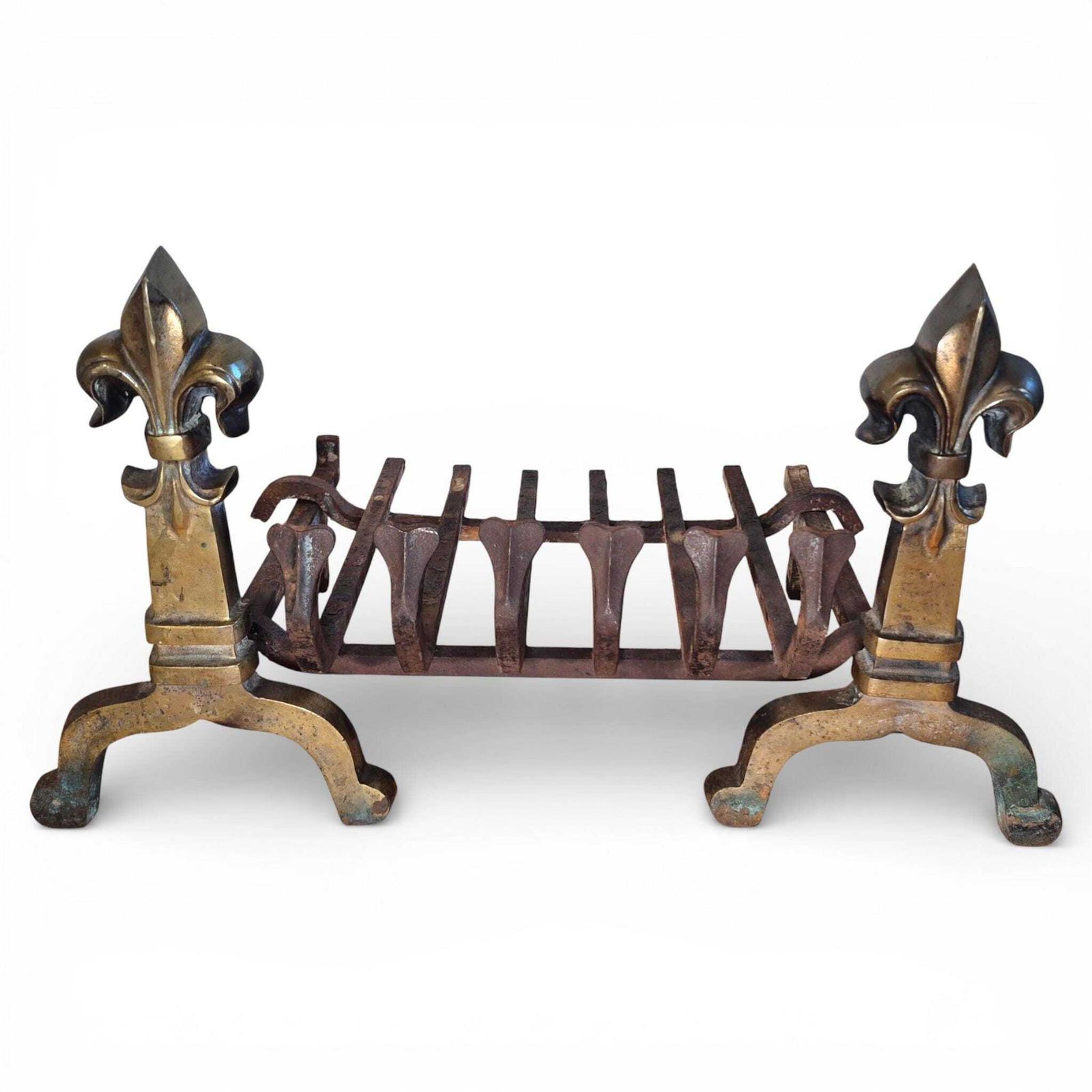 Antique Brass & Iron Fire Grate With Fleur De Lis Finials | Victorian Fireplace Basket