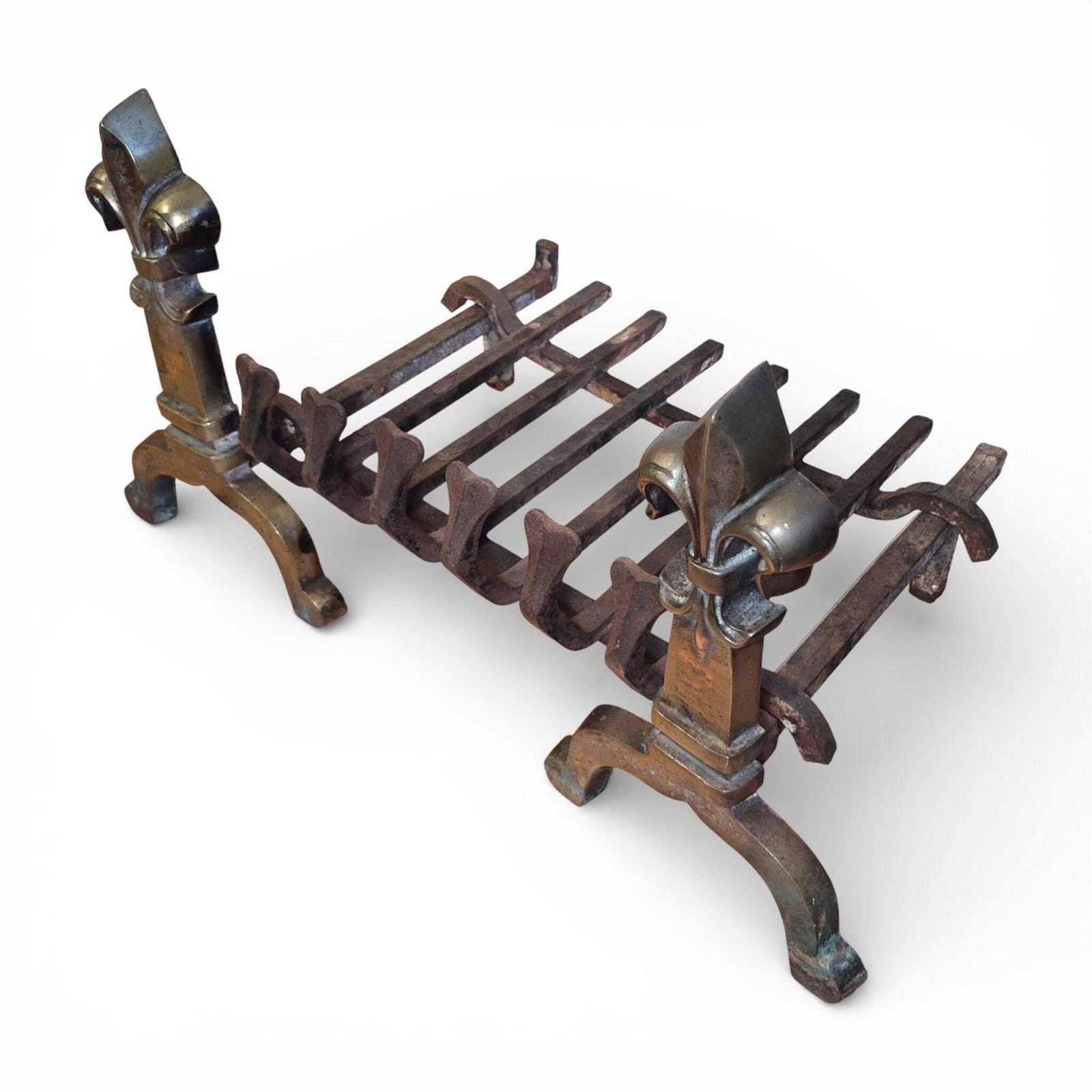 Antique Brass & Iron Fire Grate With Fleur De Lis Finials | Victorian Fireplace Basket photo vinterior