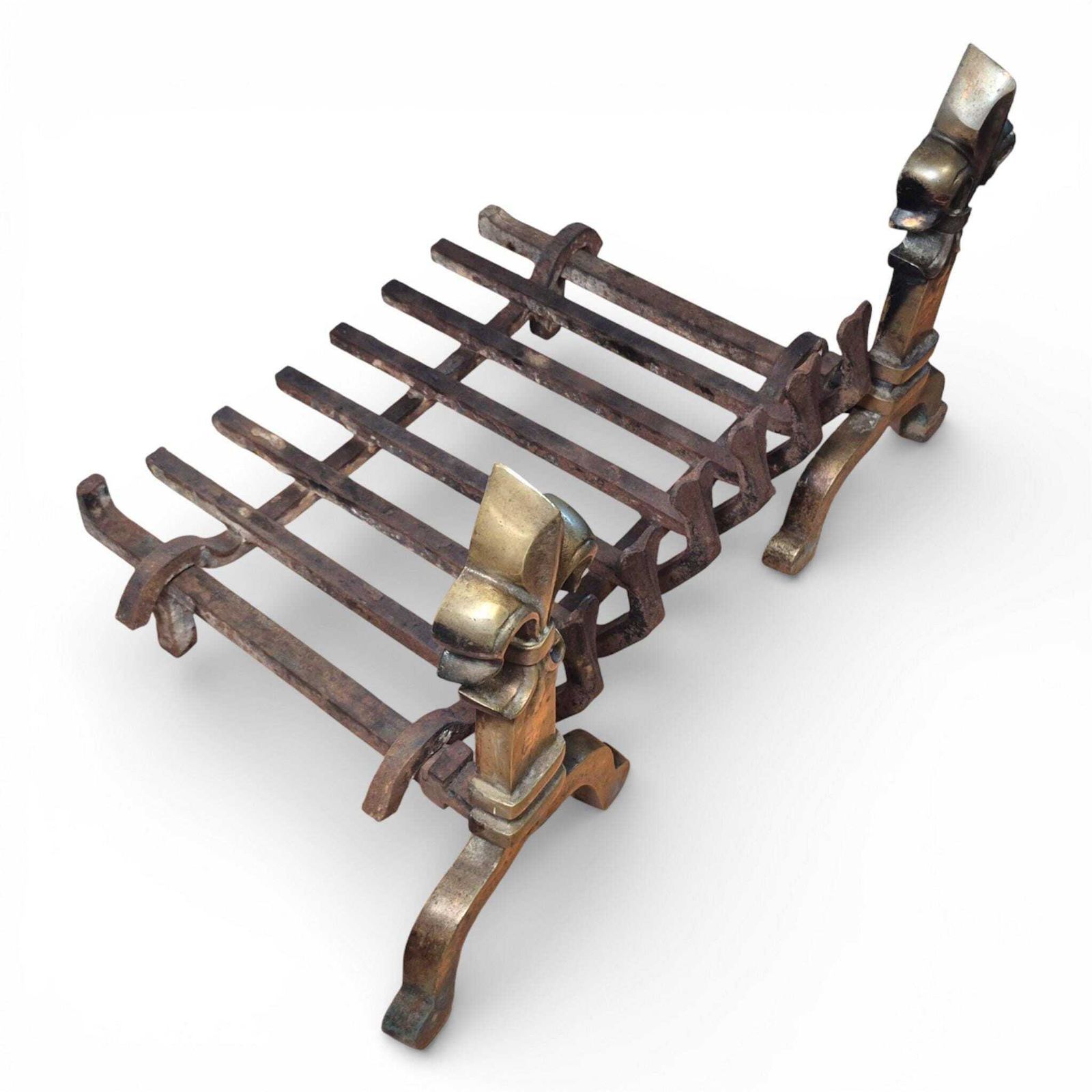 photo furniture Antique Brass & Iron Fire Grate With Fleur De Lis Finials | Victorian Fireplace Basket