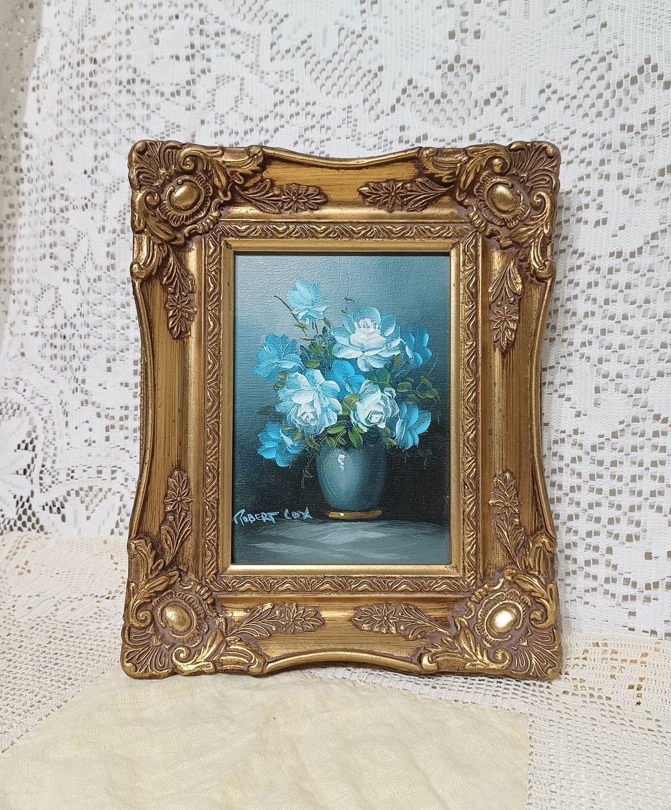 photo furniture Vintage Floral Oil Painting,Still Life Study Blue White Impasto Flowers Signed Robert Cox ,Gold Gilded Frame.