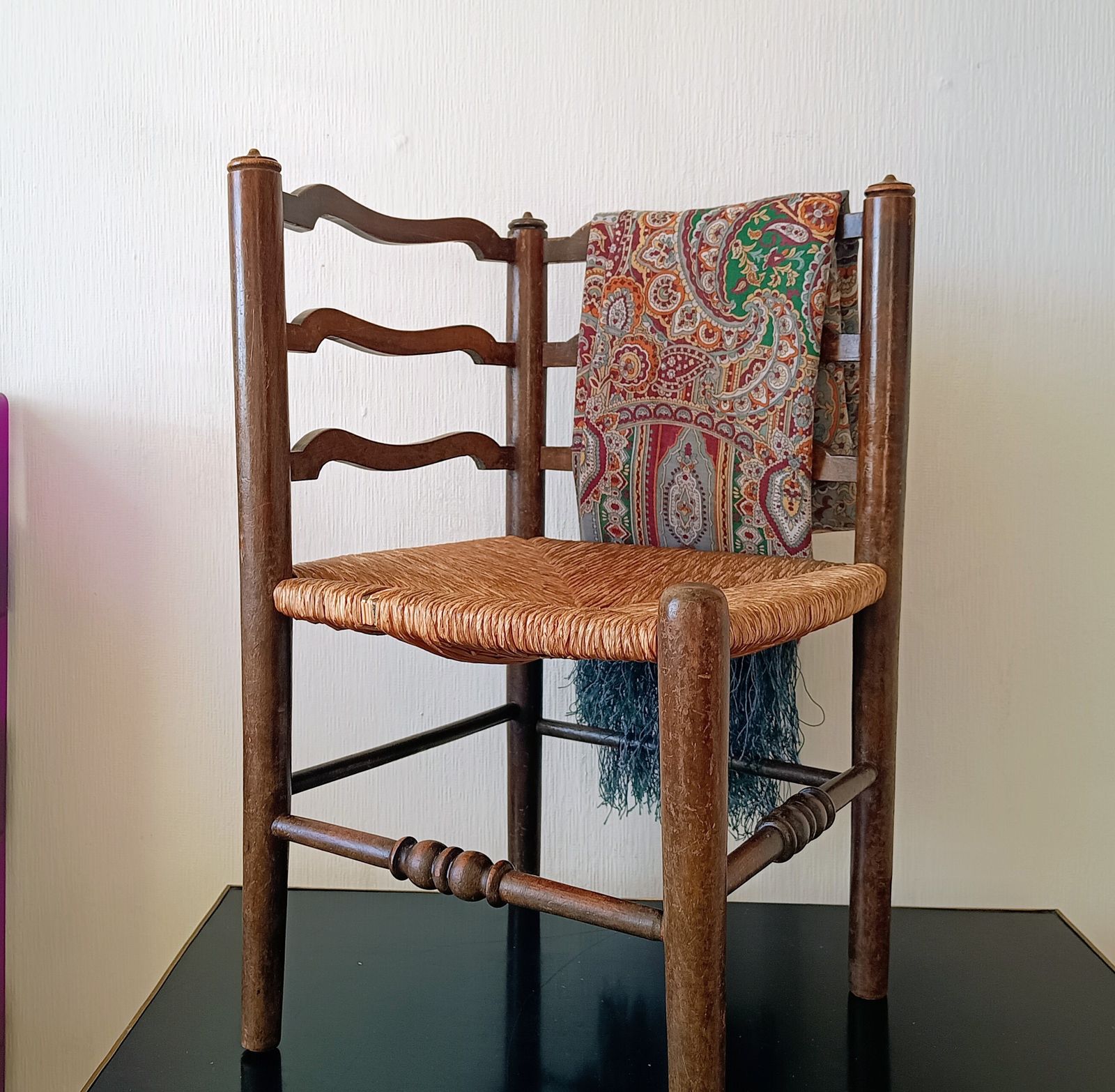 Lancashire Arts & Crafts Small Hall Chair, Serpentine Ladder Back Rush Seat, C.1900 photo Furniture