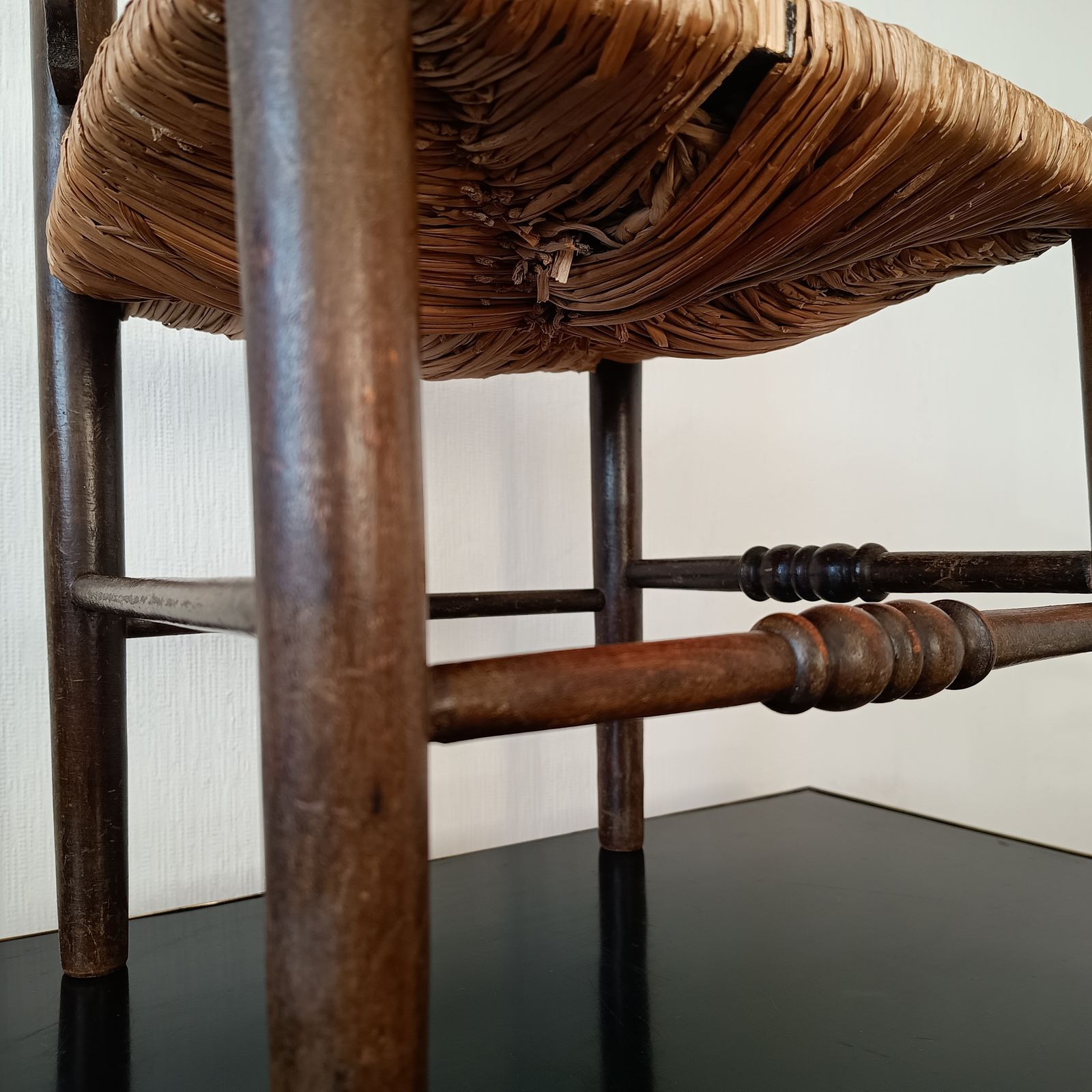 Lancashire Arts & Crafts Small Hall Chair, Serpentine Ladder Back Rush Seat, C.1900 photo vinterior