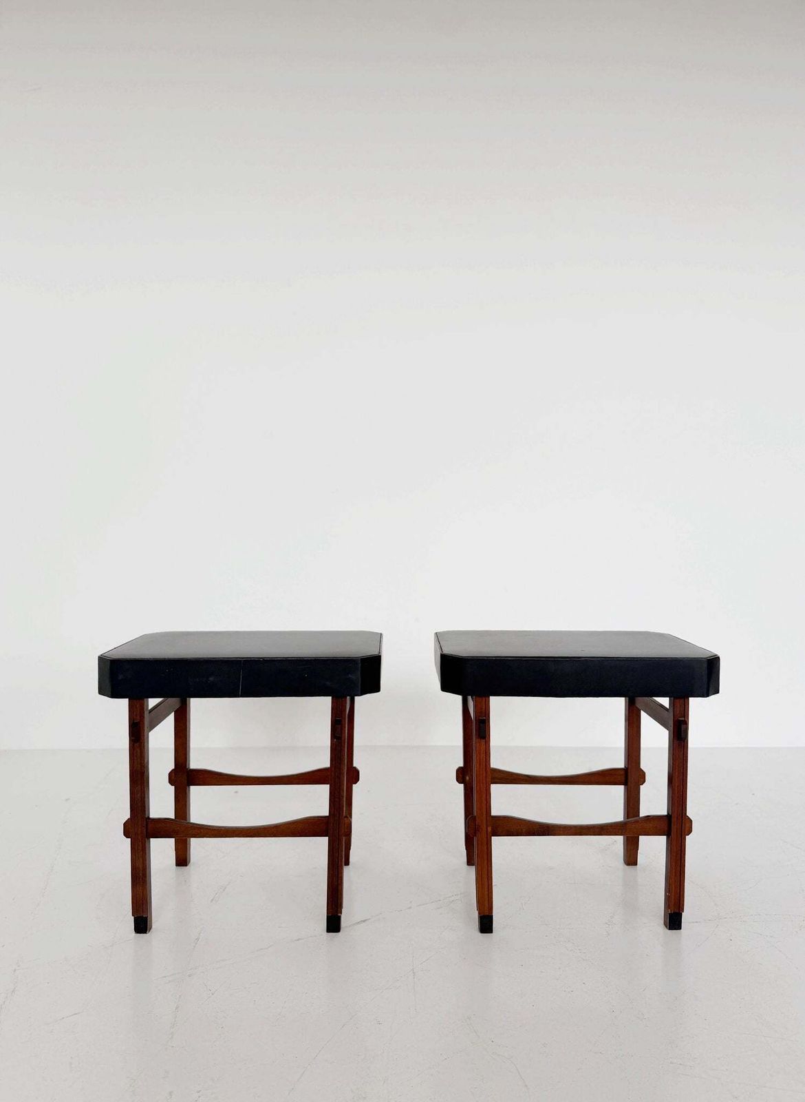 Pair Of Stools/Seats In Wood And Black Vinyl, 1950s–1960s
