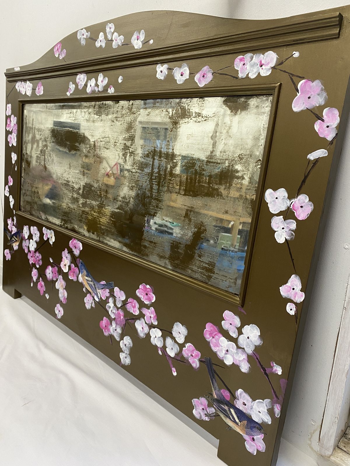 Hand Painted Bronze Chinoiserie Inspired Cherry Blossom Bird Mirror photo furniture