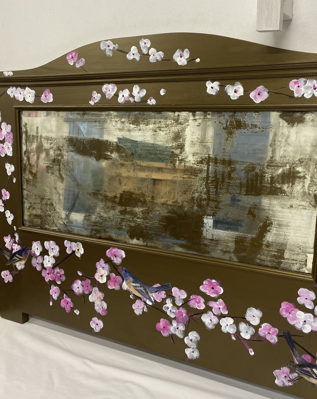 Hand Painted Bronze Chinoiserie Inspired Cherry Blossom Bird Mirror photo for sale