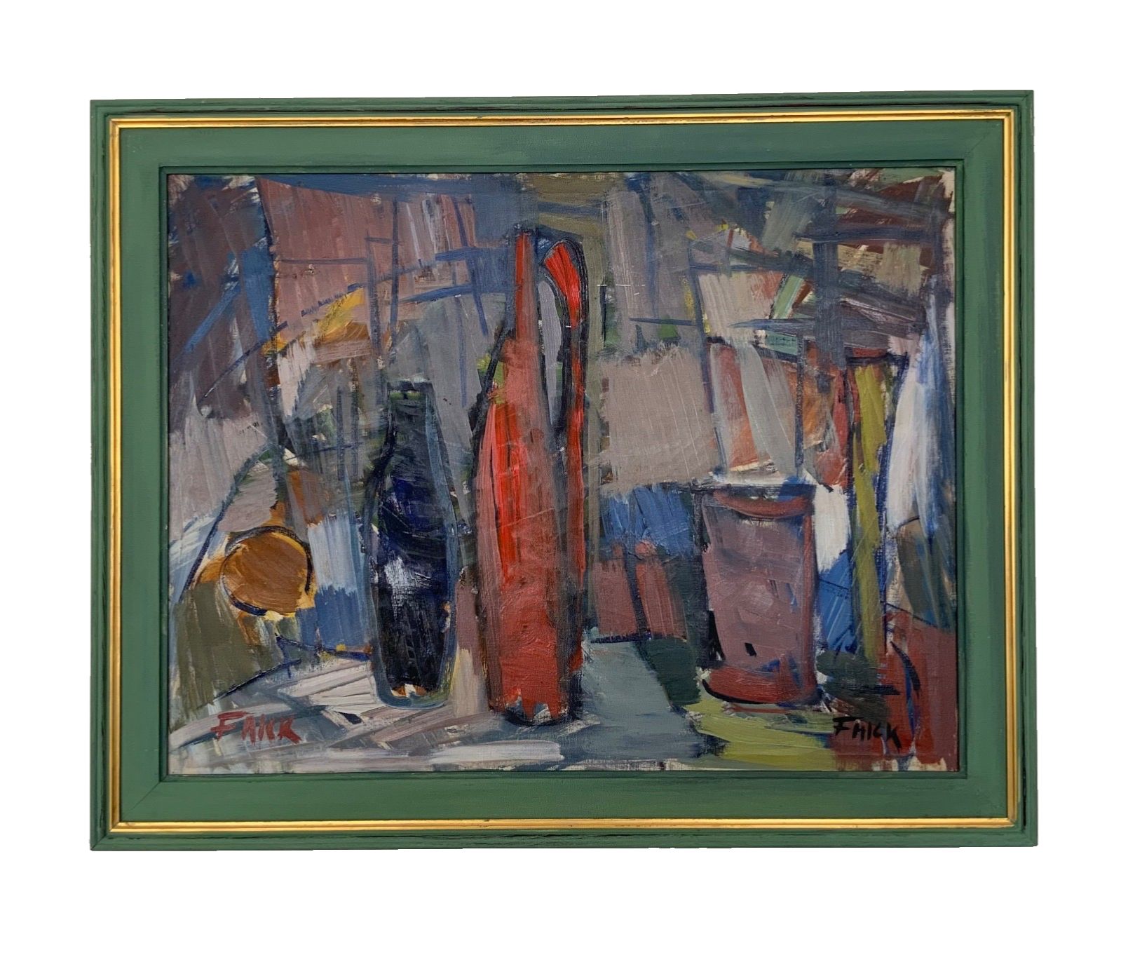 Vintage Modernists Oil Painting Still Life With Red Bottle, Signed Falck, 1960s photo for sale