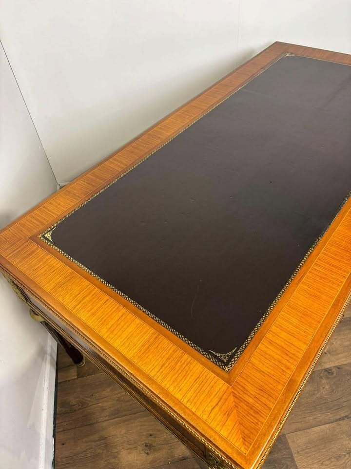 Continental Reproduction Walnut Veneered Tooled Inlaid Desk (Style Of Louis XVI) photo vintage