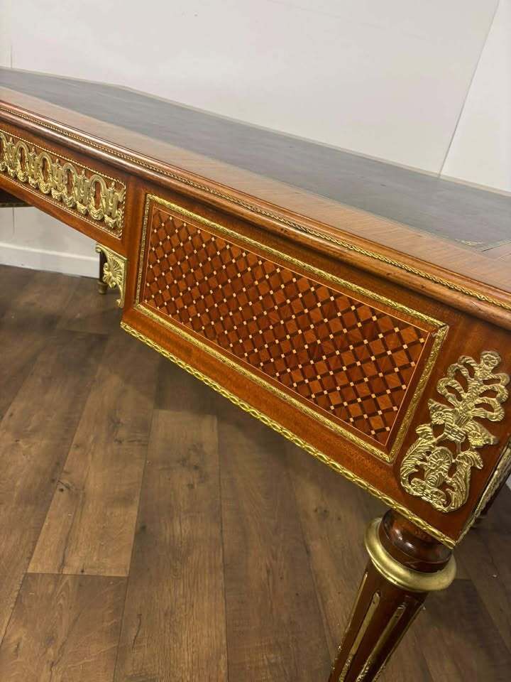 Furniture Continental Reproduction Walnut Veneered Tooled Inlaid Desk (Style Of Louis XVI) photo
