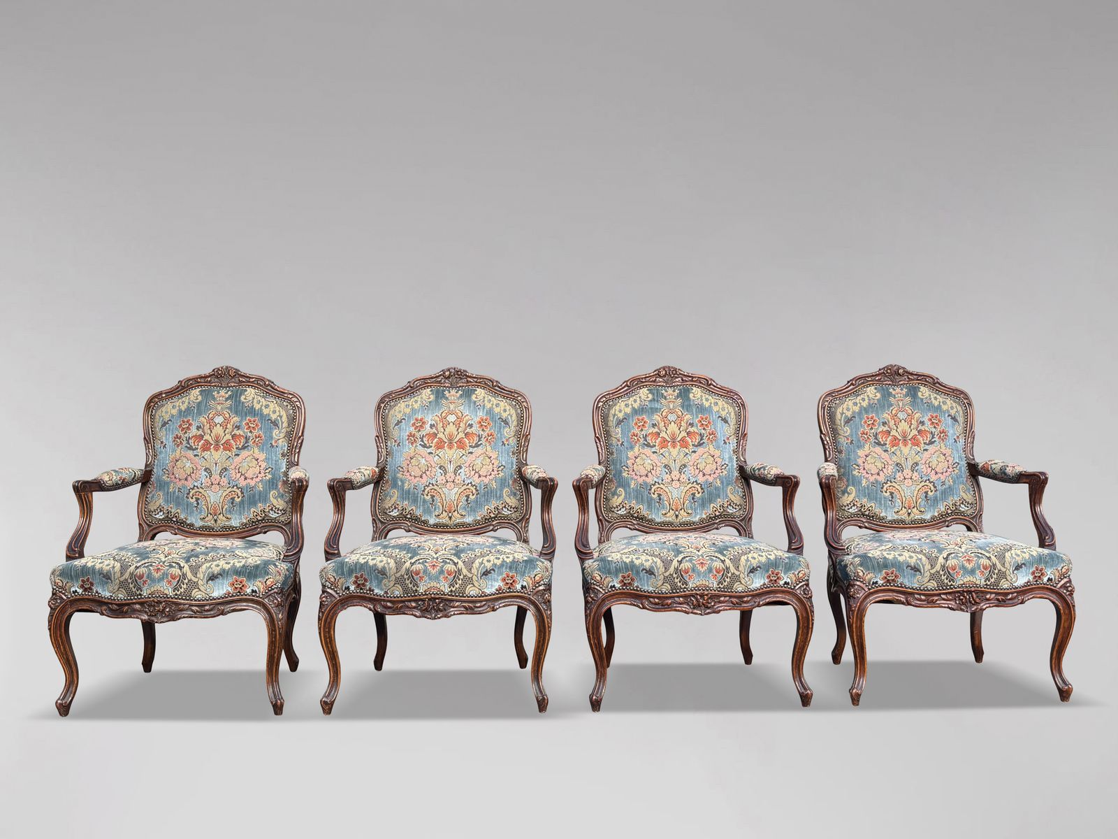 Set Of 4 French Louis XV 19th Century Upholstered Armchairs