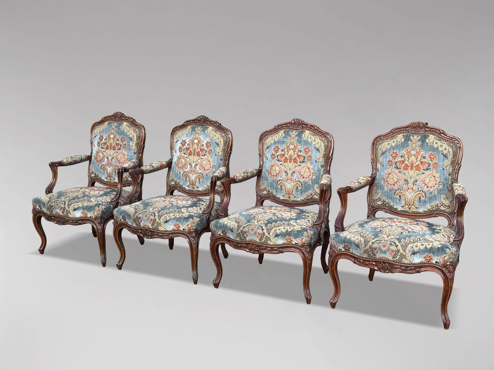 Furniture Set Of 4 French Louis XV 19th Century Upholstered Armchairs photo