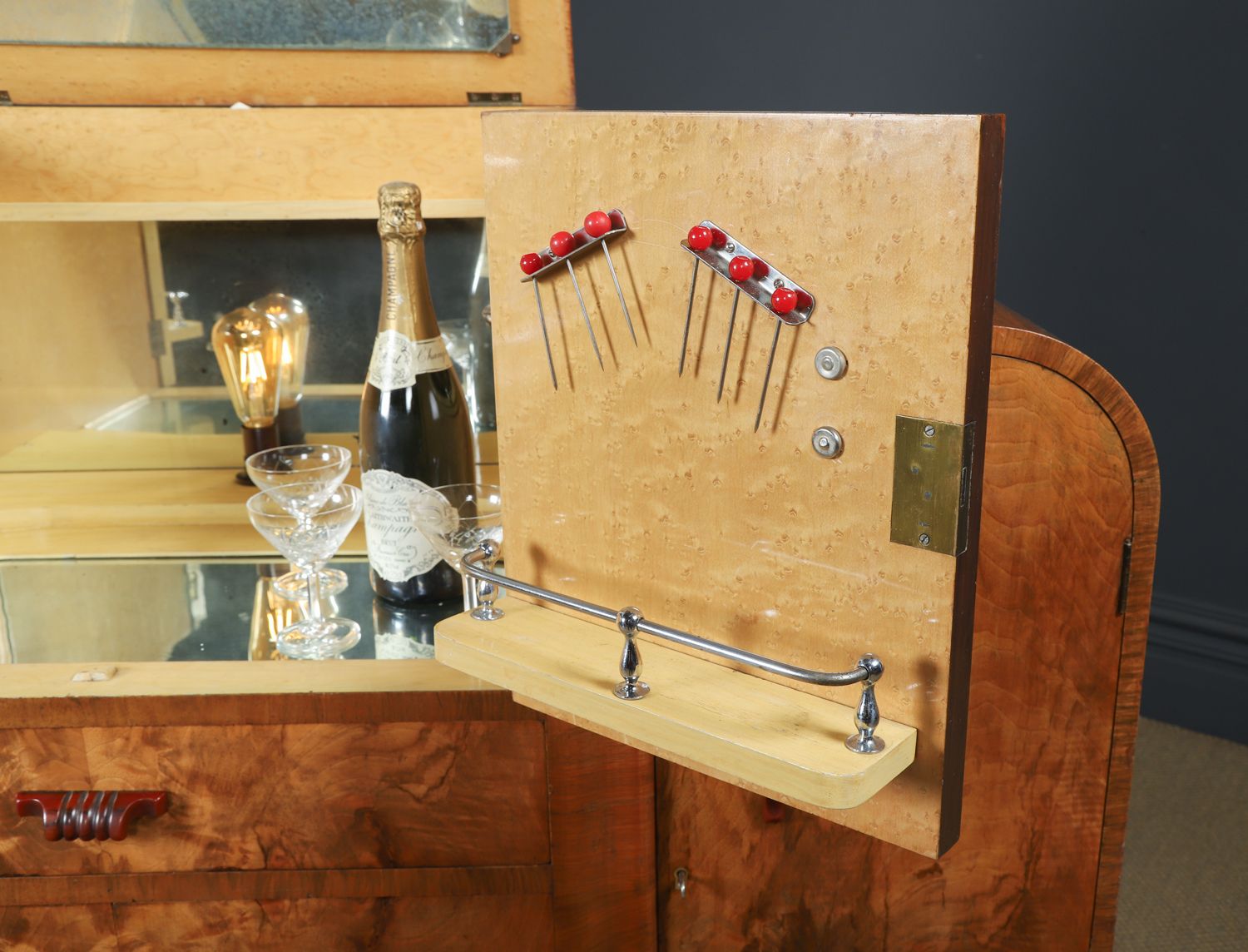 5450.0 English Art Deco Epstein Electric Figured Walnut Cocktail & Drinks Cabinet (Circa 1930) photo