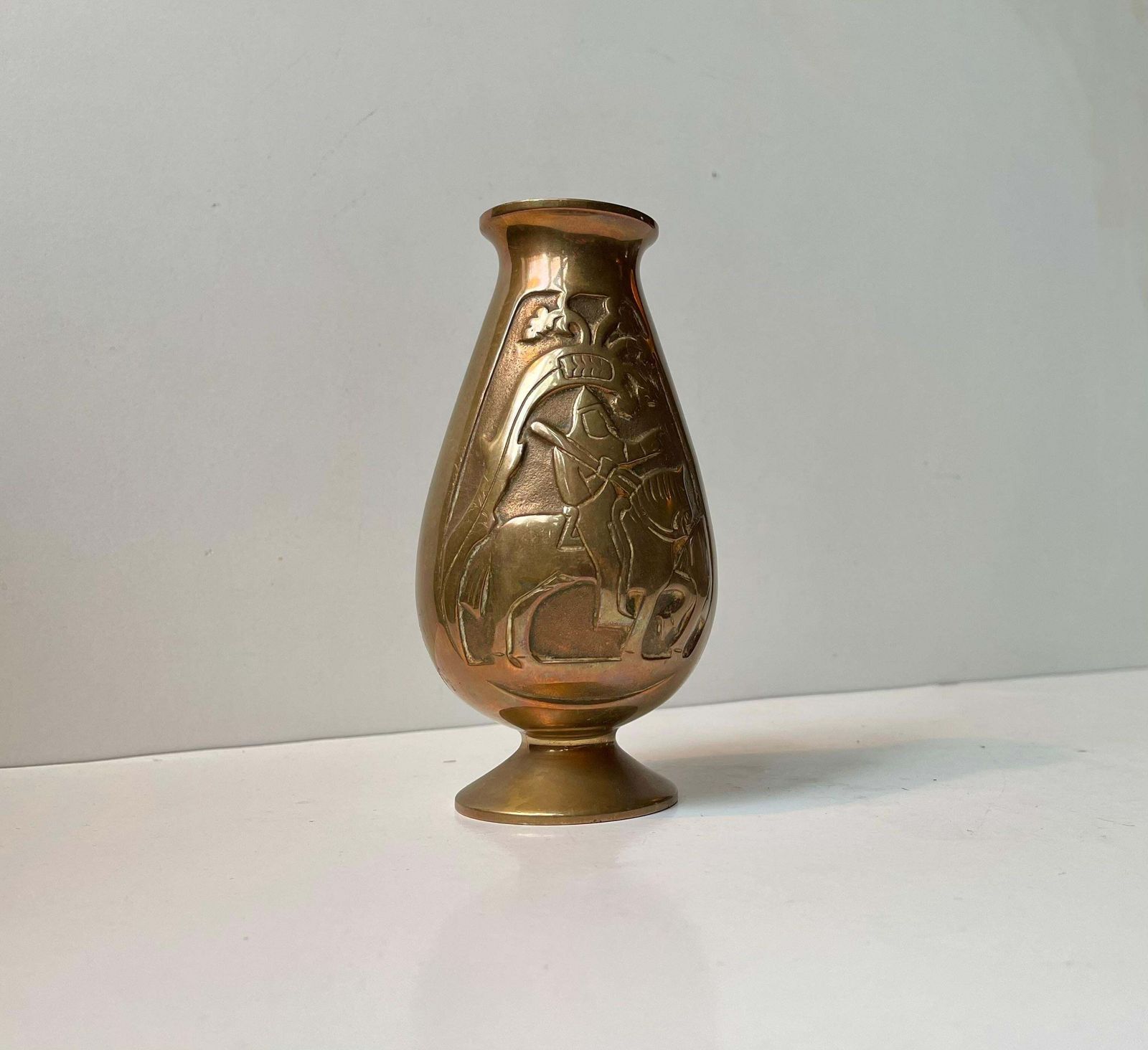 Scandinavian Relief Vase W. Knight In Bronze, Art Deco Revival   Medieval Style photo for sale