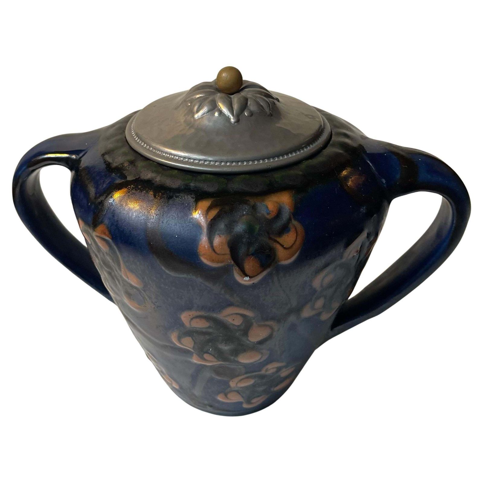 Herman August Kähler Glazed Ceramic Jugendstil Urn With Pewter Lid, 1910s