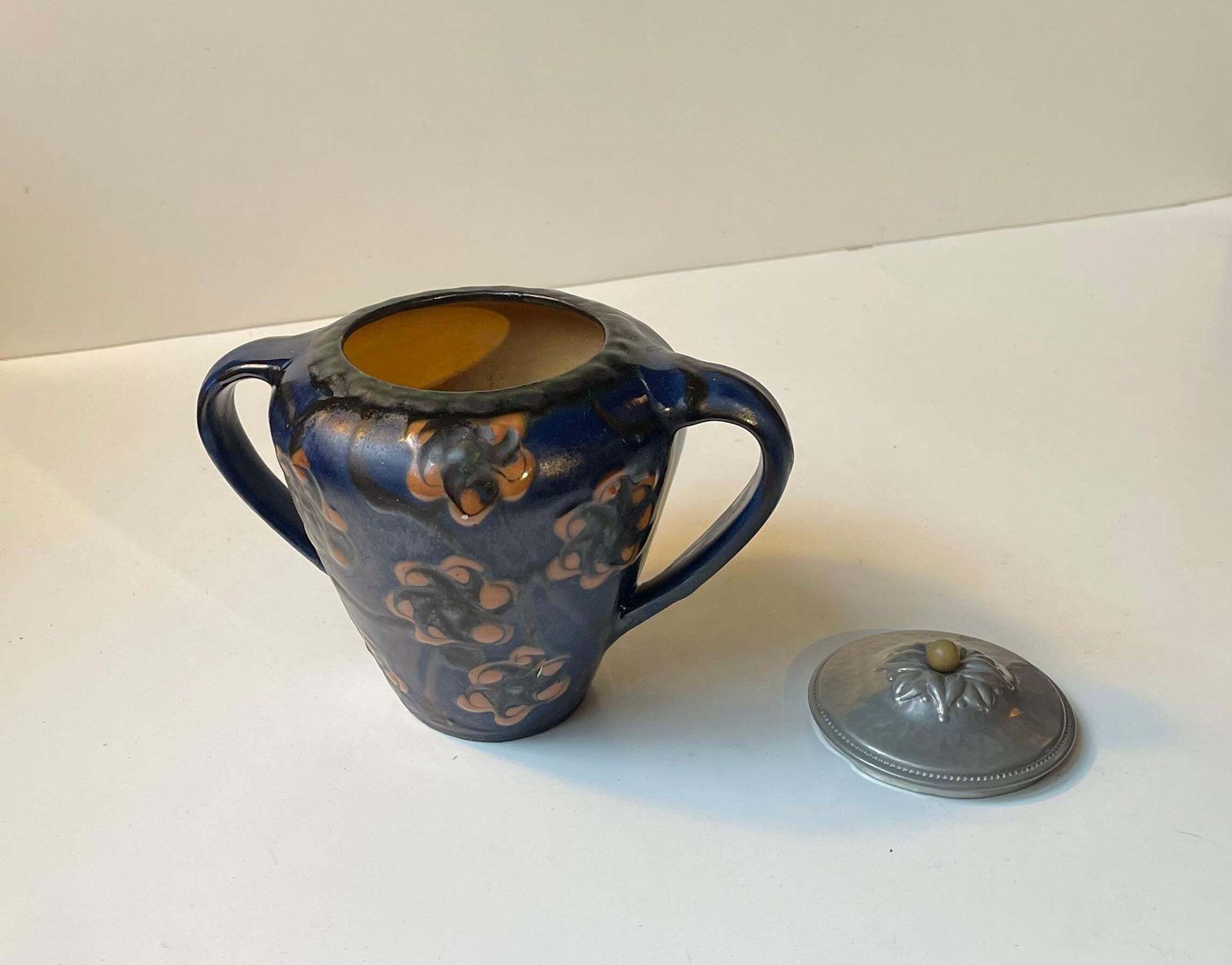 Herman August Kähler Glazed Ceramic Jugendstil Urn With Pewter Lid, 1910s photo for sale