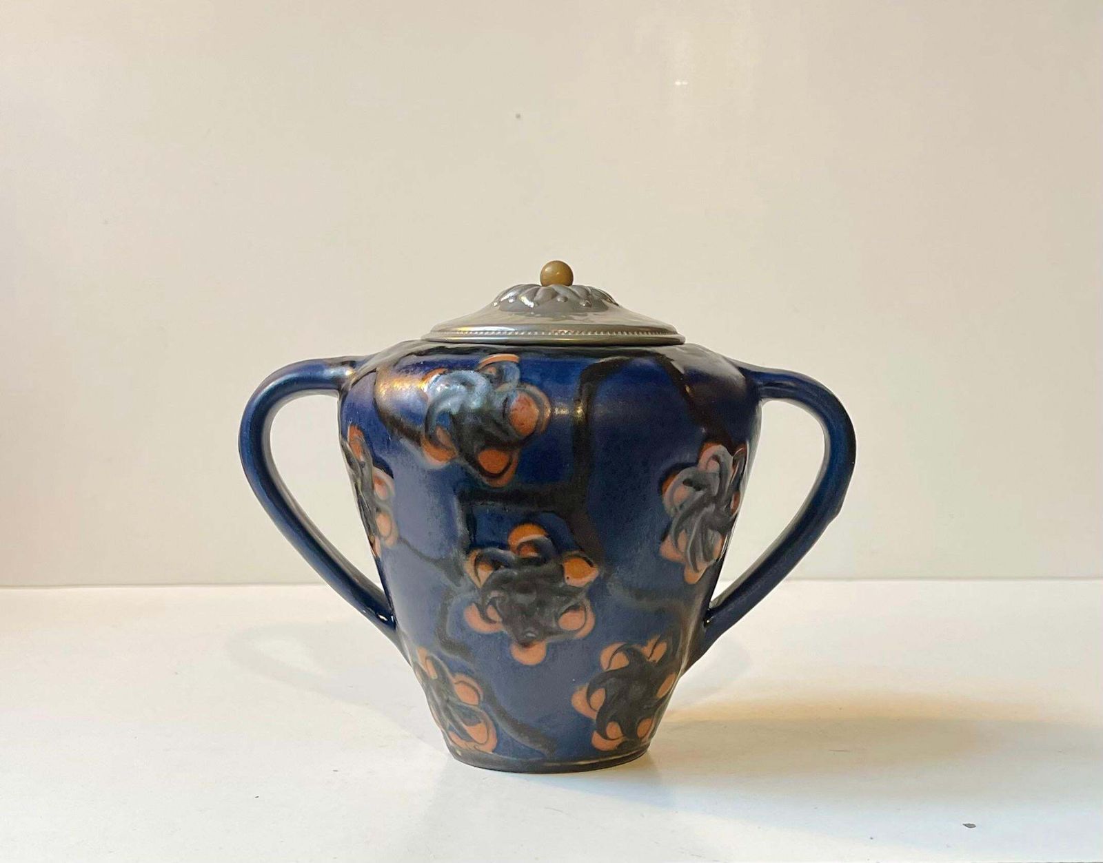 Herman August Kähler Glazed Ceramic Jugendstil Urn With Pewter Lid, 1910s photo 762.0