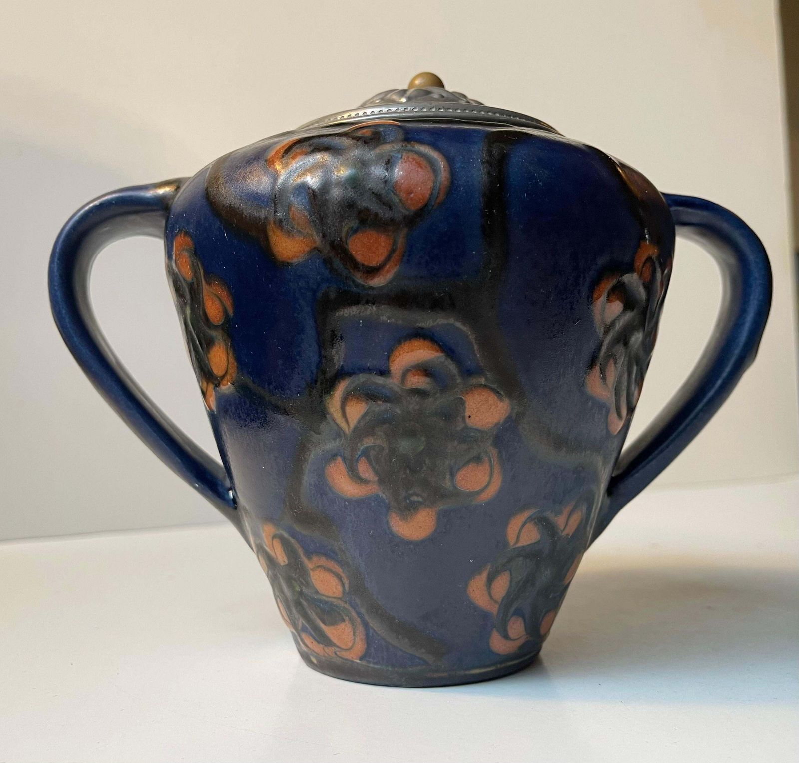 Herman August Kähler Glazed Ceramic Jugendstil Urn With Pewter Lid, 1910s photo buy