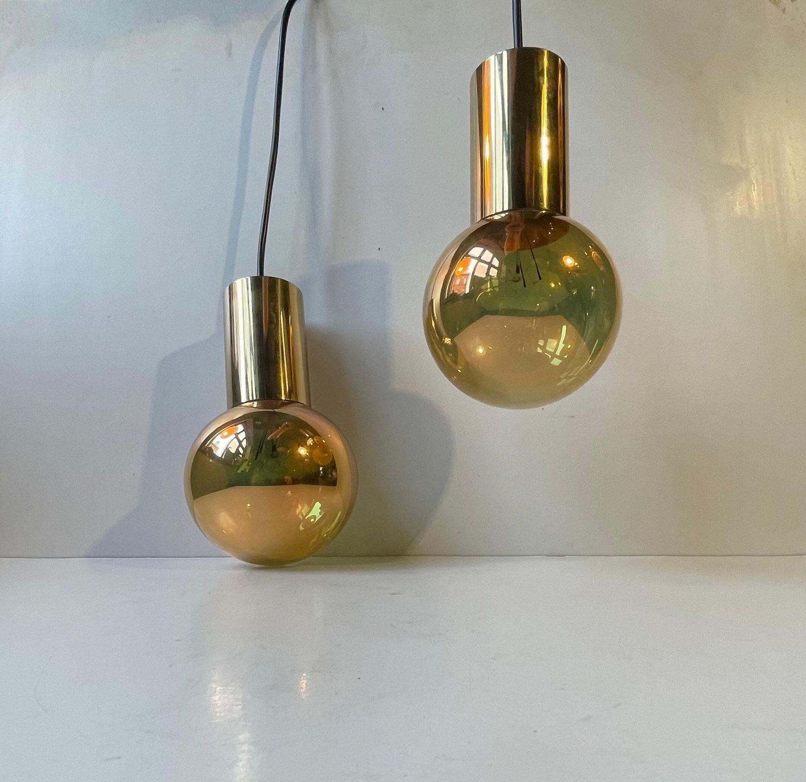 Mid Century Golden Spy Ball Pendant Lamps In Brass By Frimann, 1960s photo for sale
