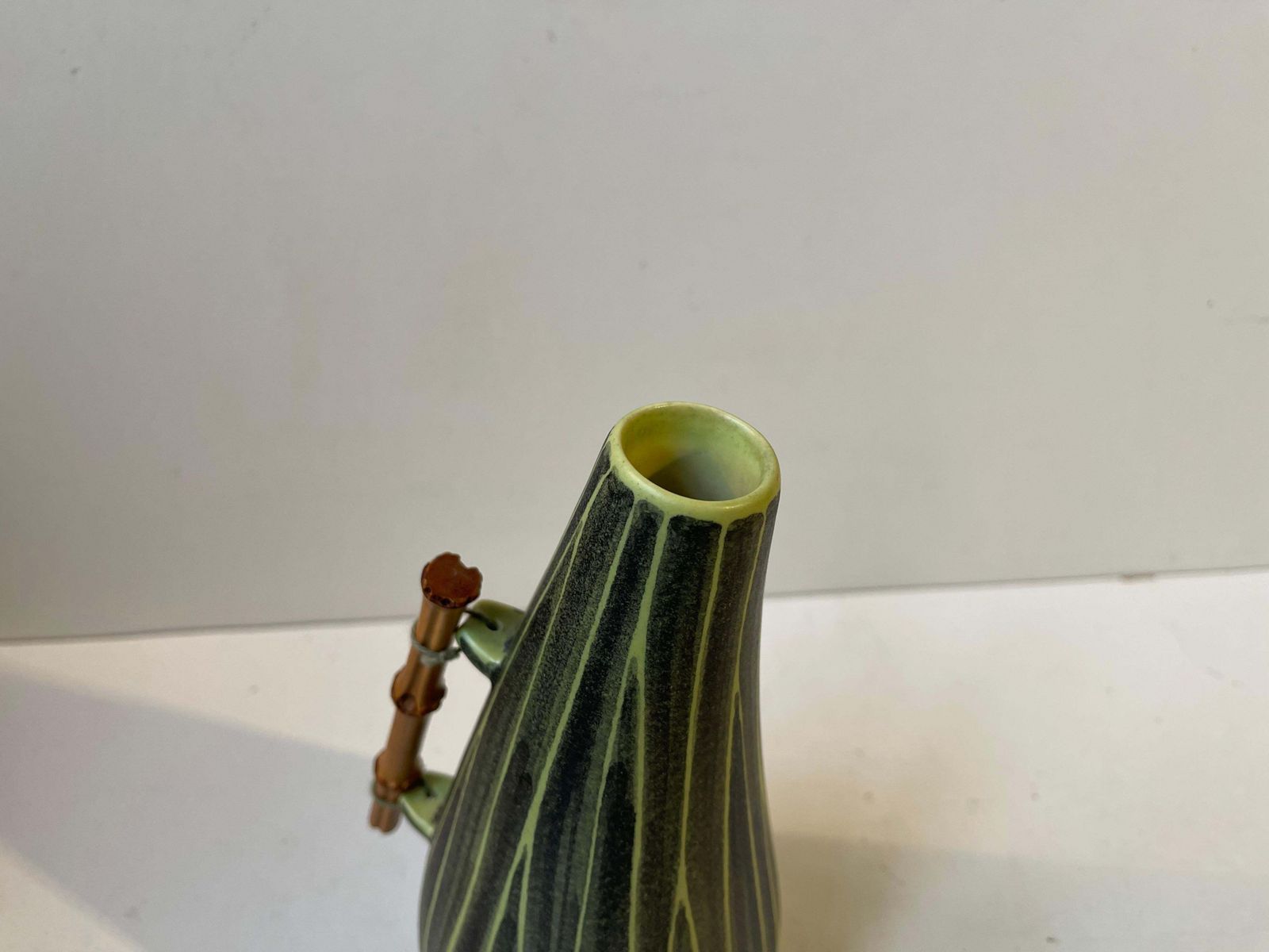 Danish Modern Elisabeth Loholt Ceramic Pumpkin Vase With Bamboo Handle, 1950s photo vinterior