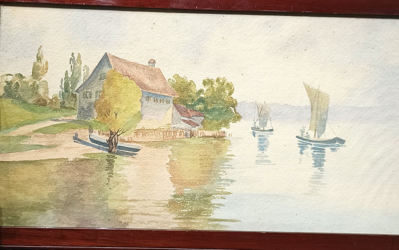 Antique Watercolour Painting, Riverside Cottage And Boats On The River Framed. photo for sale