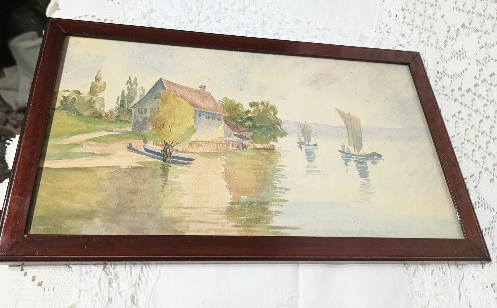 Antique Watercolour Painting, Riverside Cottage And Boats On The River Framed. photo vintage