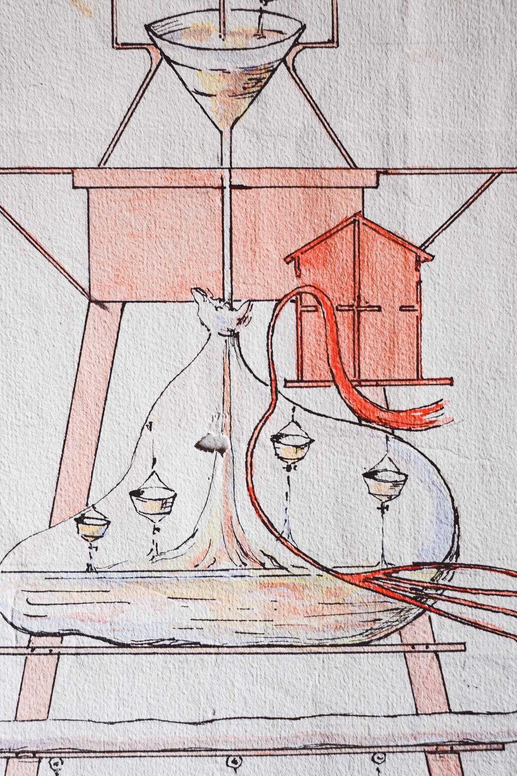 Antique Medical Scientific Illustration Watercolor Ink Drawing Lymphatic System Distillation Apparatus   Unsigned Genius Work photo furniture