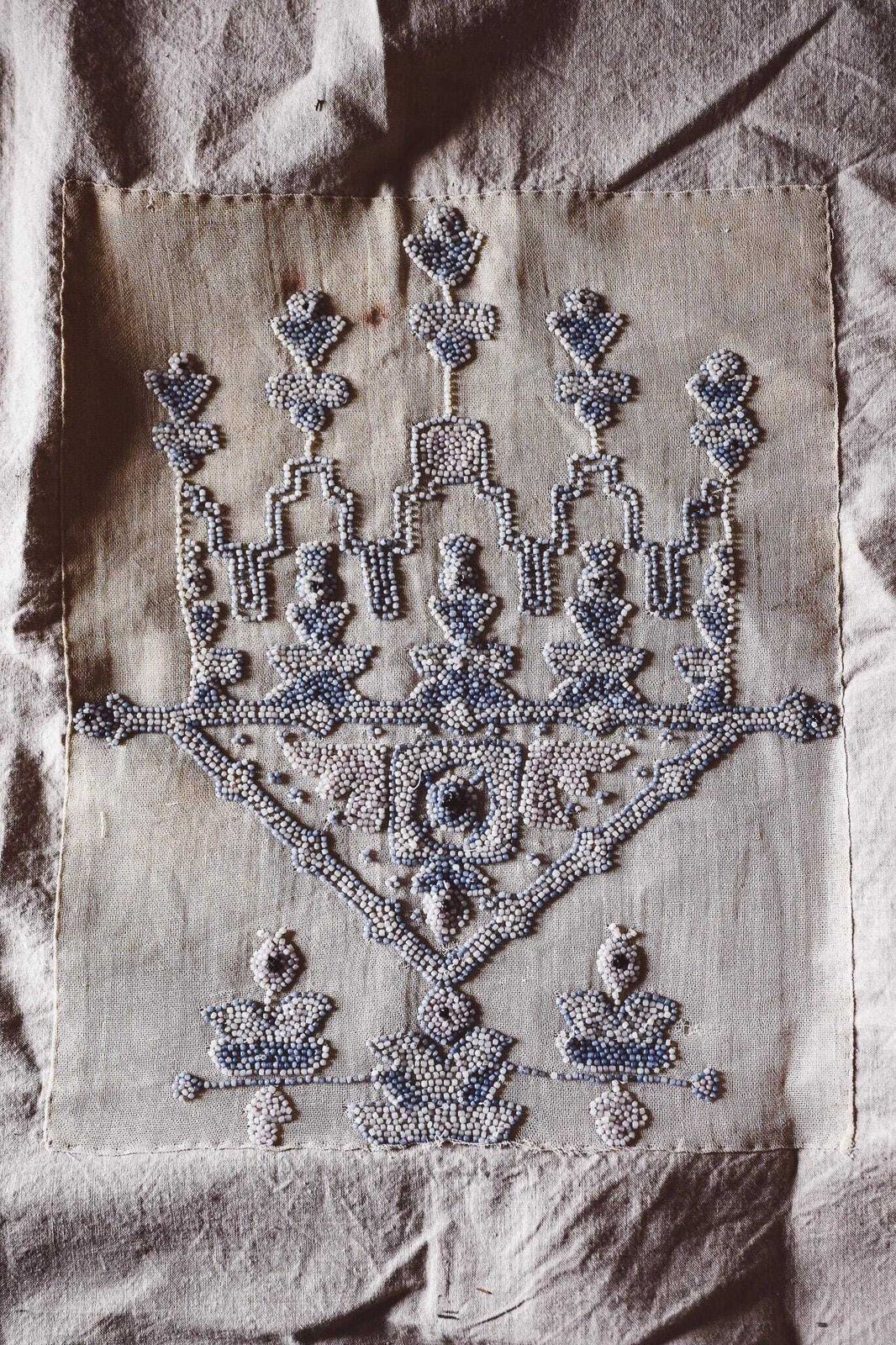 1930s Beaded Embroidery Panel   Blue White Glass Beads On Linen   Antique Folk Art Textile 70x44cm   Handmade Beadwork photo Textiles