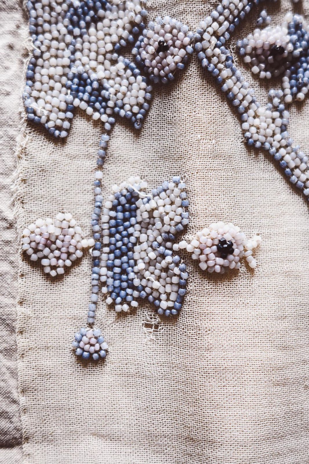 1930s Beaded Embroidery Panel   Blue White Glass Beads On Linen   Antique Folk Art Textile 70x44cm   Handmade Beadwork photo vintage