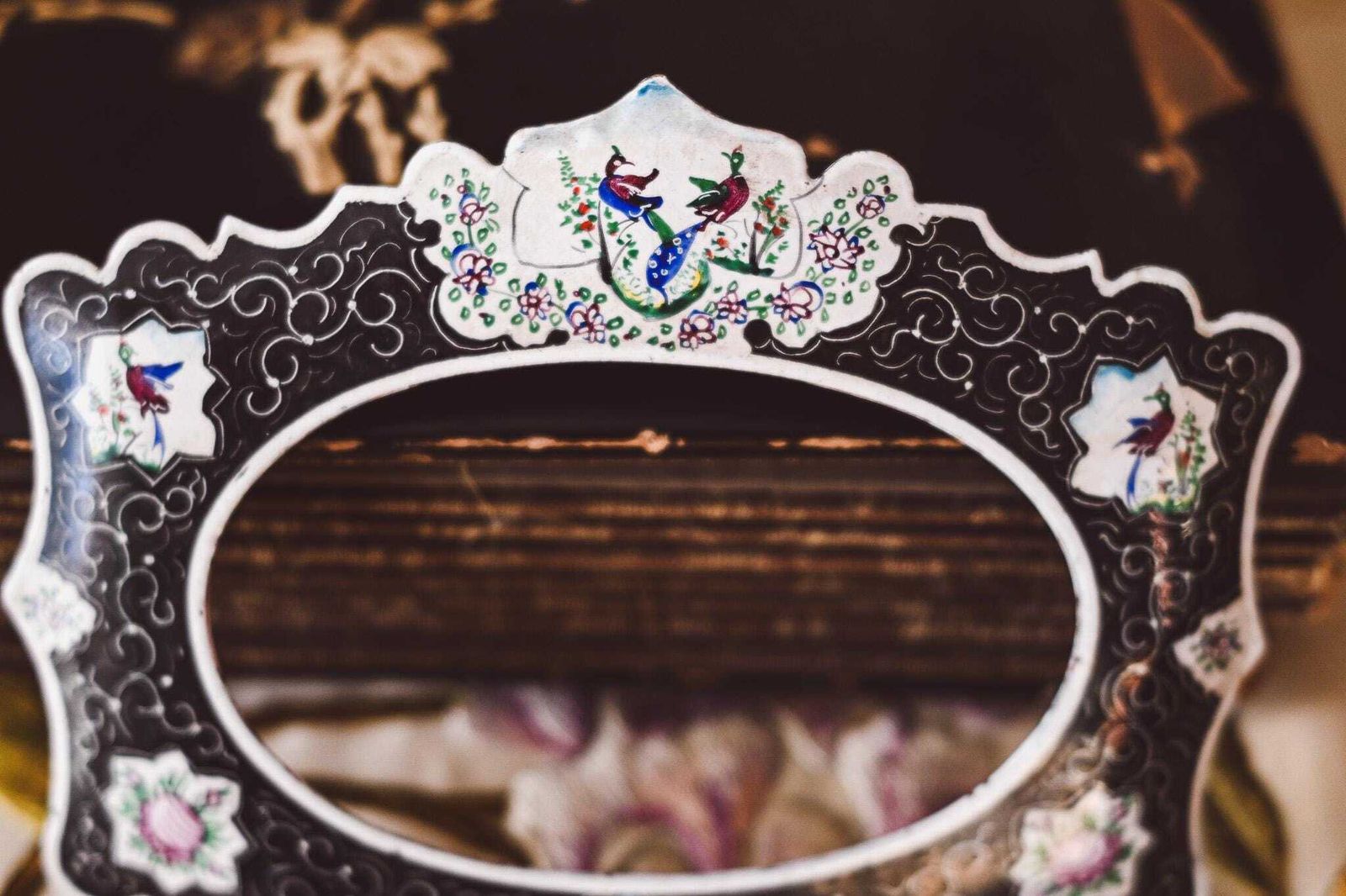 Victorian Enamel Photo Frame Peacock Floral Design | Antique Hand Painted Picture Frame | Black White Enamelware | Collectible 15x12cm photo for sale