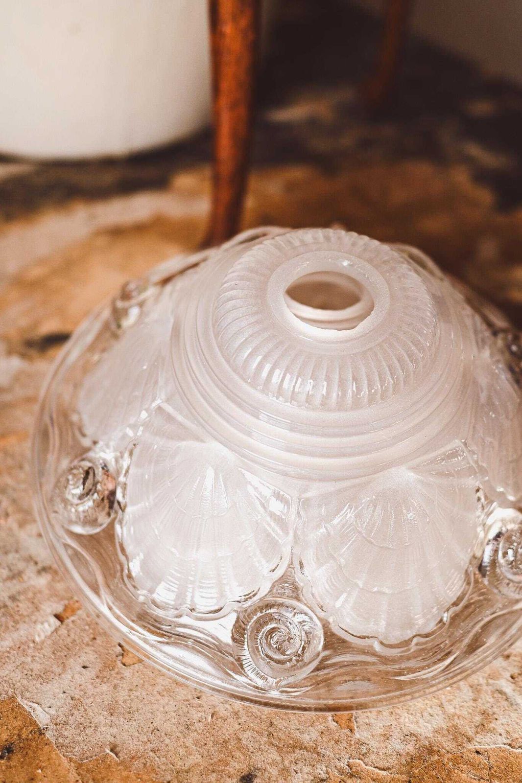 Art Nouveau Glass Lamp Shade Pair | Frosted Shell Design | Antique Ceiling Light Fixture | French Art Deco 20.5cm photo for sale