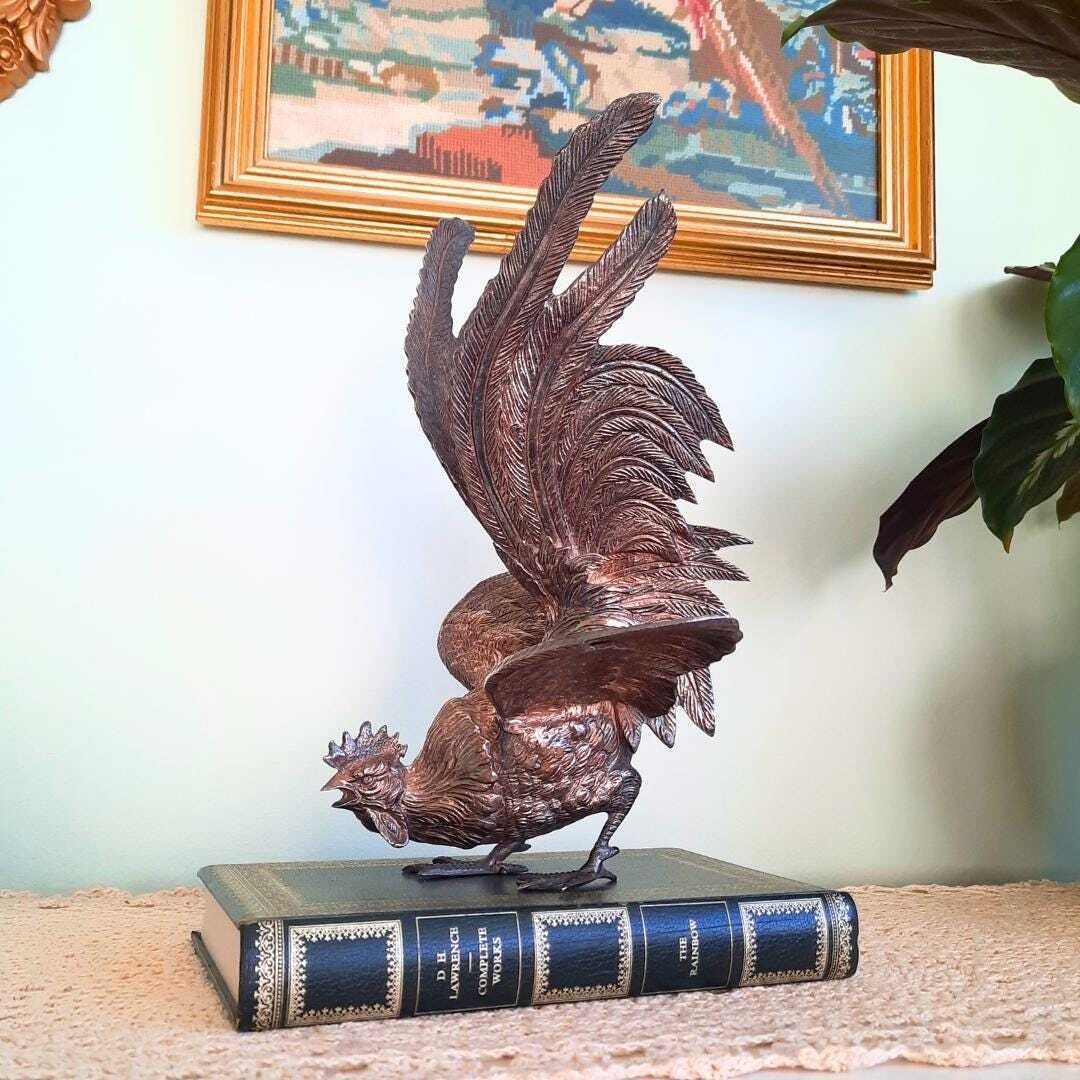 Large Mid Century Italian Silver Tone Metal Cockerel Rooster Statuette photo vinterior