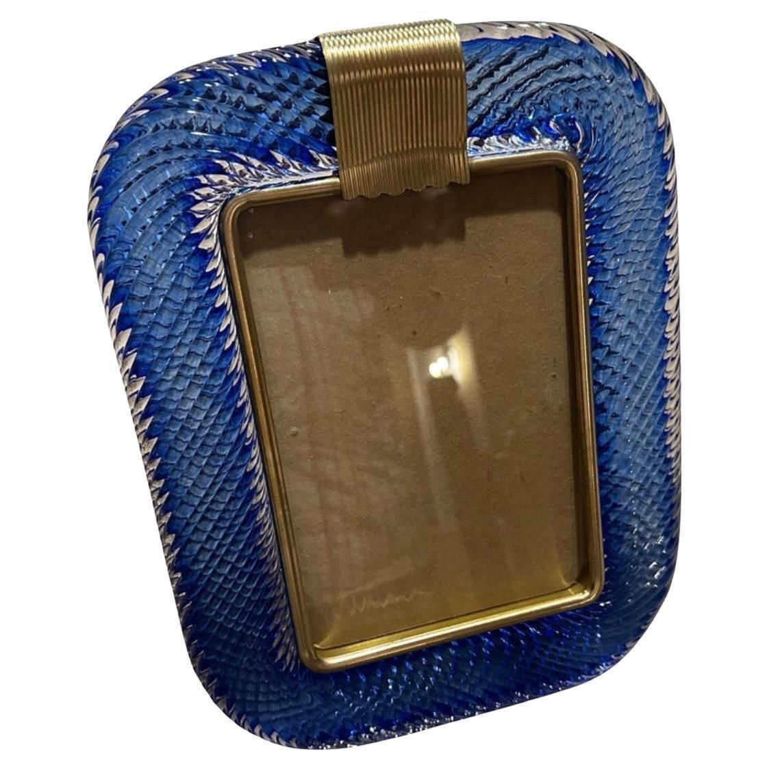 1990s Barovier Style Art Deco Blue Murano Glass And Brass Picture Frame