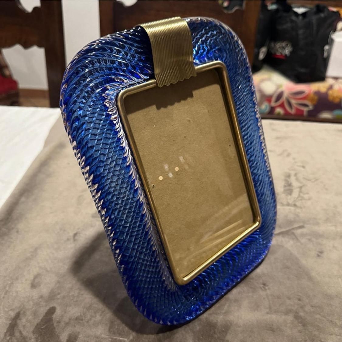 1990s Barovier Style Art Deco Blue Murano Glass And Brass Picture Frame photo for sale