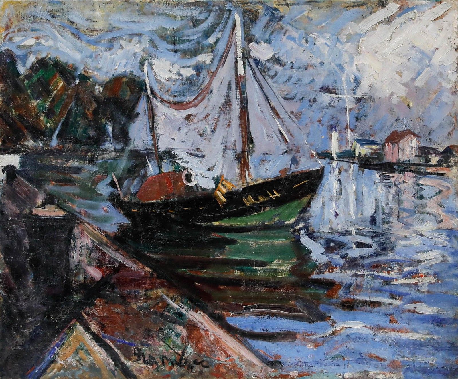 French School Mid 20th Century Oil The Green Fishing Boat photo furniture