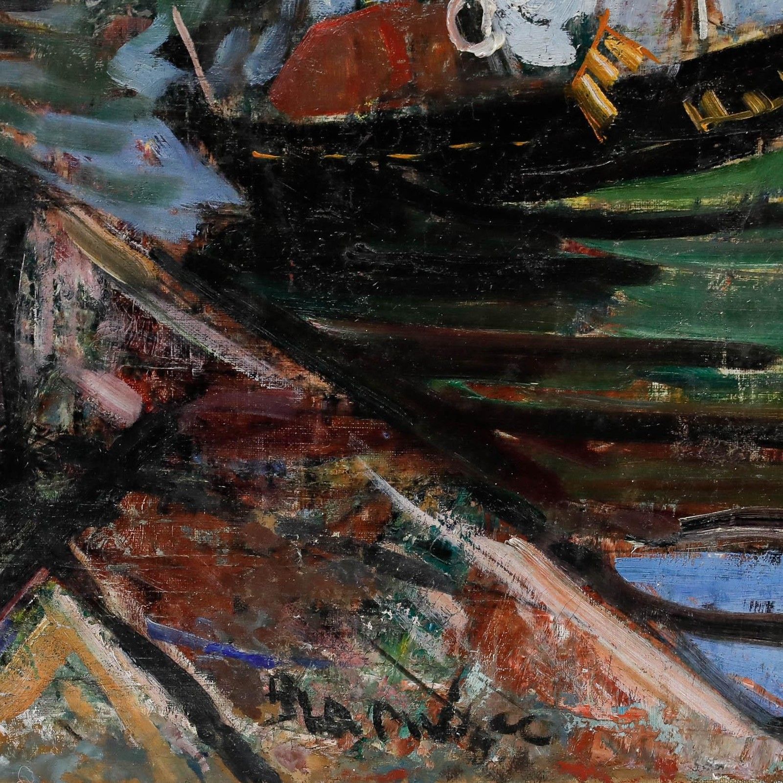 French School Mid 20th Century Oil The Green Fishing Boat photo vinterior