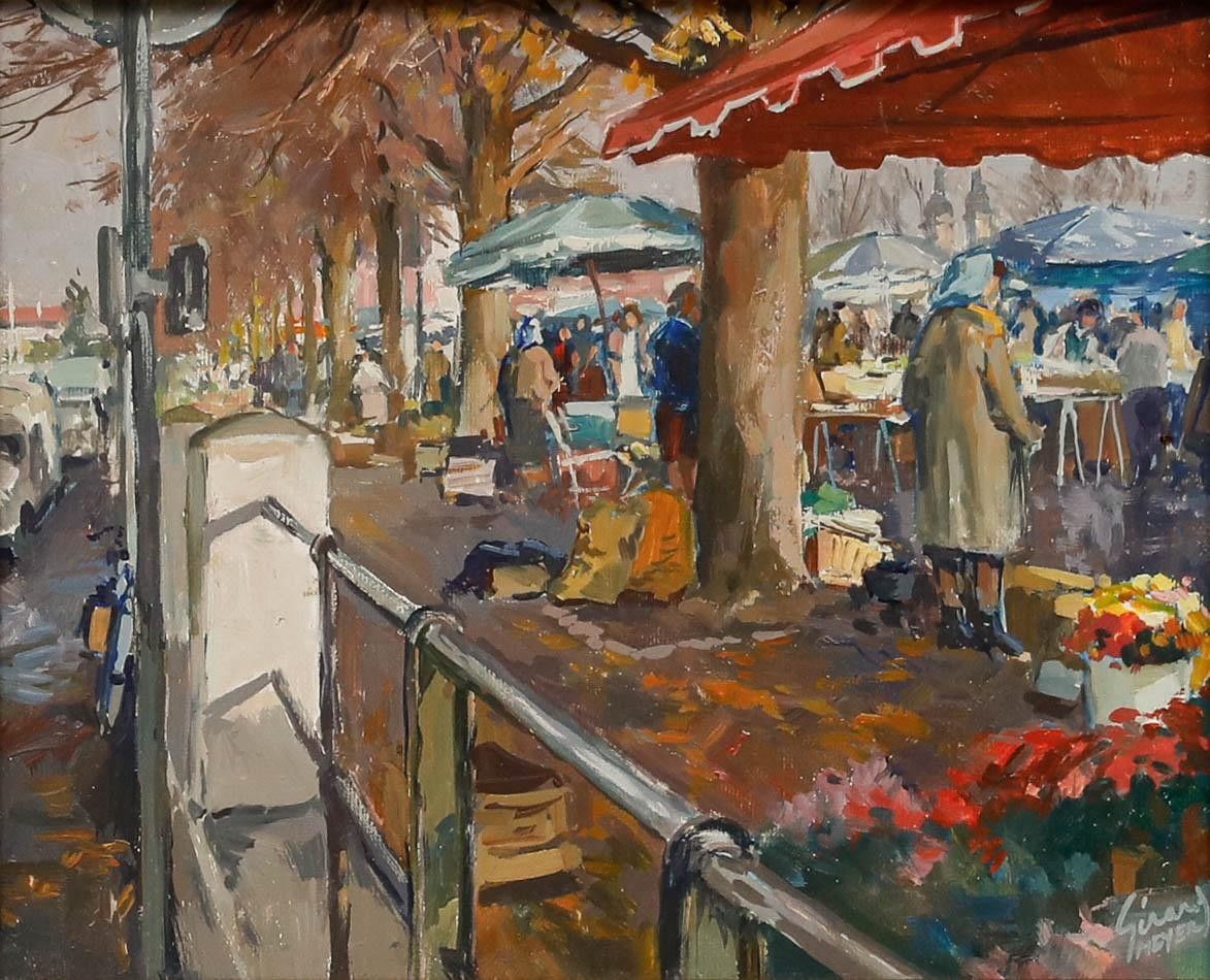 Gerard Meyer (B.1926) 20th Century Oil, Market In Mulhouse photo furniture
