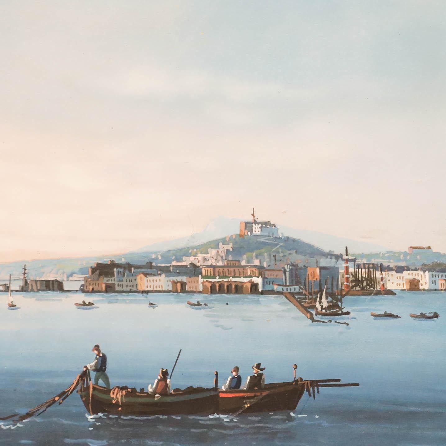 Neapolitan School 19th Century Gouache View Of Naples And Mount Vesuvius photo Art