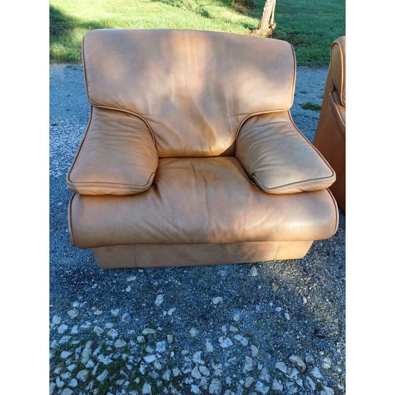 Pair Of Vintage Armchairs In Light Brown Faux Leather photo vintage