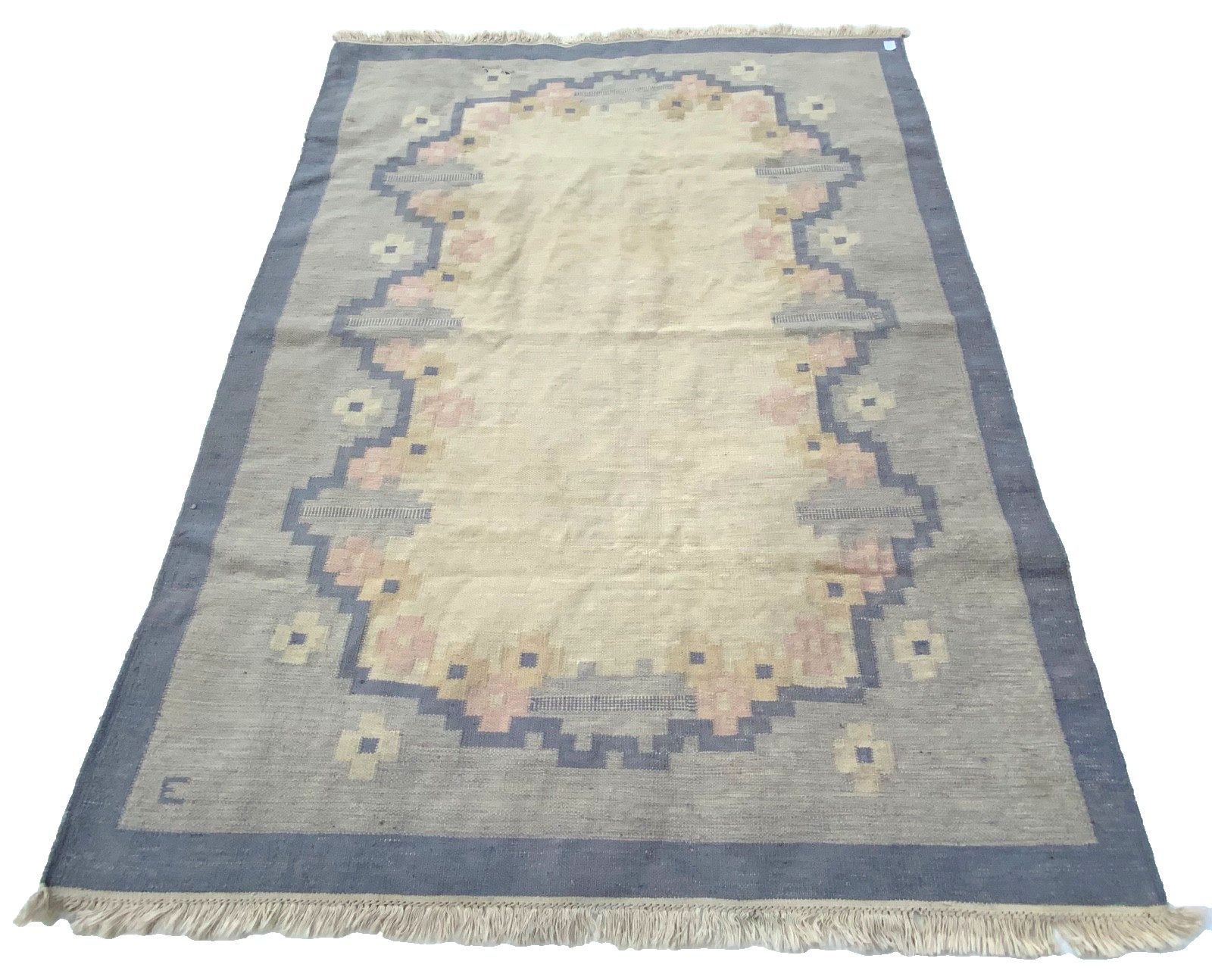 Mid Century Swedish Kilim Röllakan Rug In Pale Grey, Signed By “E” 1960s