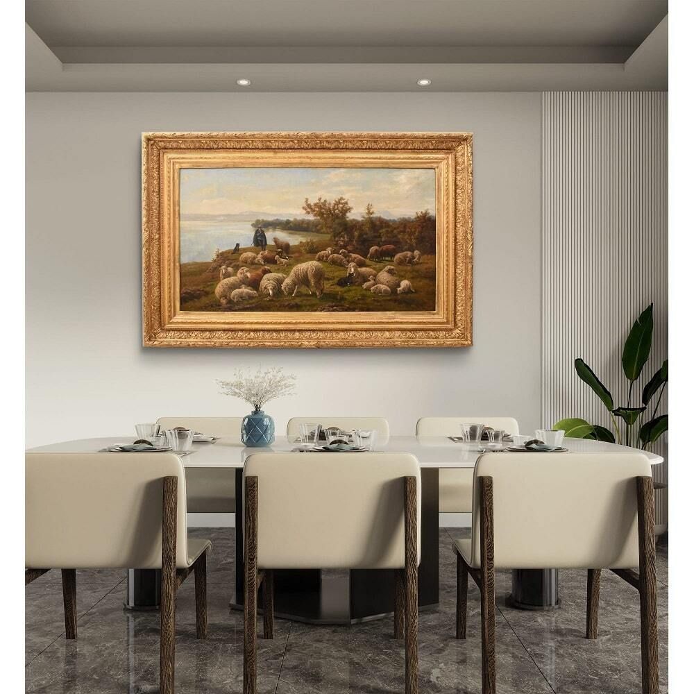 Antique Nature Oil Painting, Landscape With Flock And Shepherd, 19th Century photo furniture