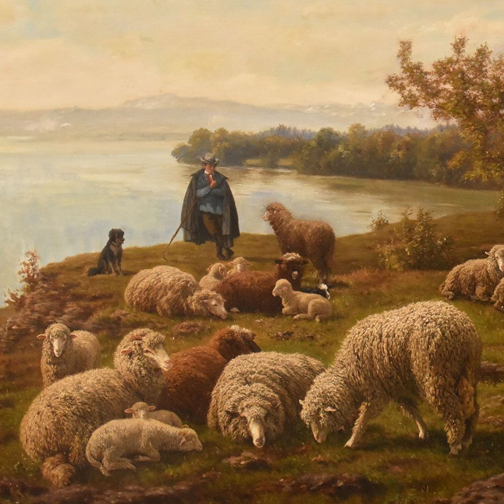 Antique Nature Oil Painting, Landscape With Flock And Shepherd, 19th Century photo Art