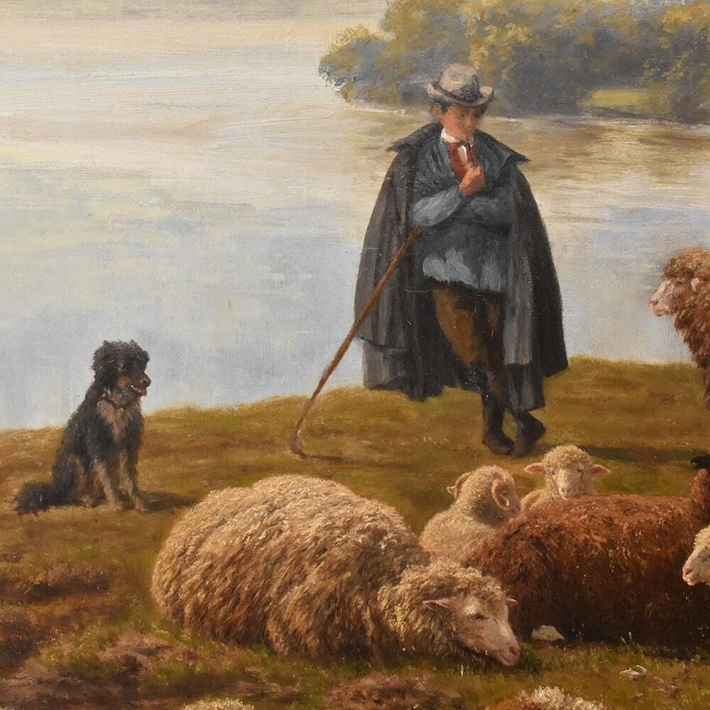 Antique Nature Oil Painting, Landscape With Flock And Shepherd, 19th Century photo vinterior