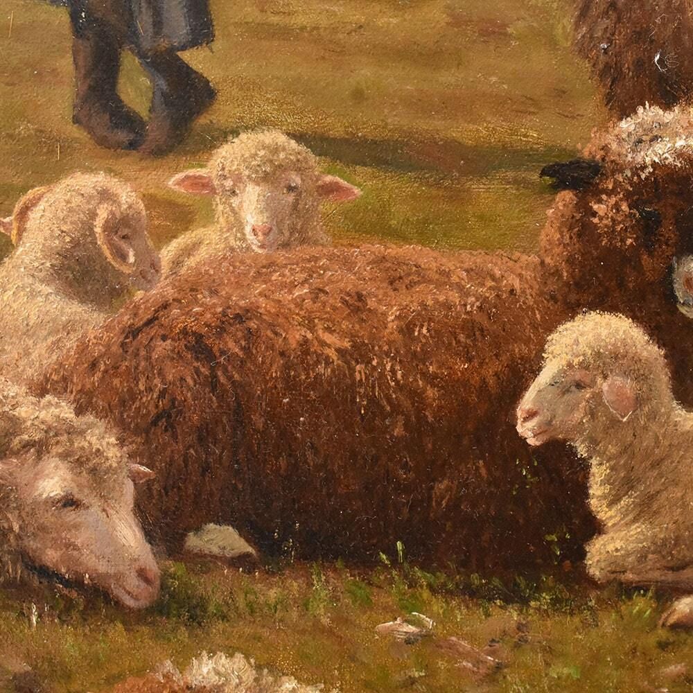Antique Nature Oil Painting, Landscape With Flock And Shepherd, 19th Century photo buy