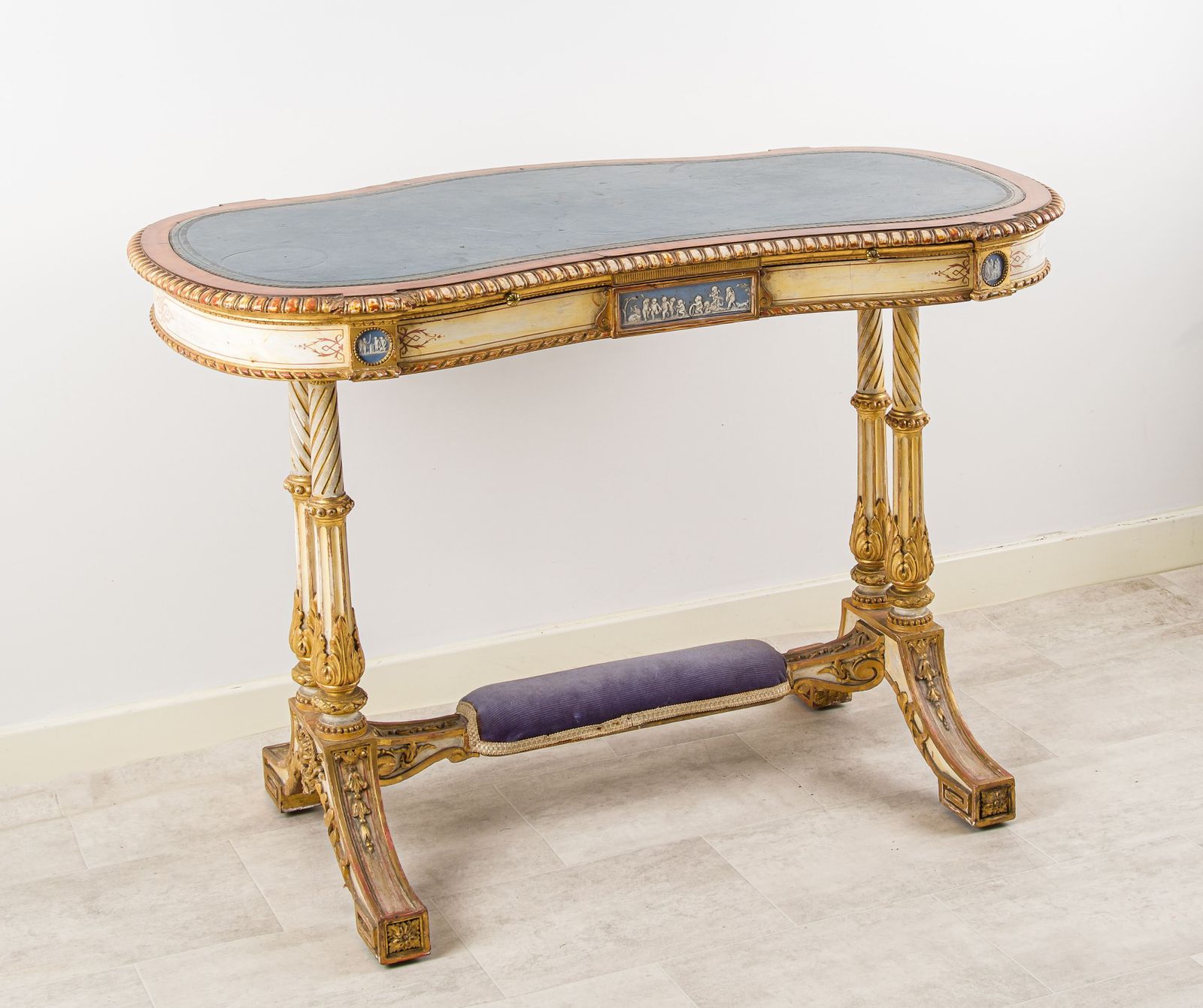 19th Century French Kidney Shaped Giltwood Writing Table With Painted Decoration photo furniture