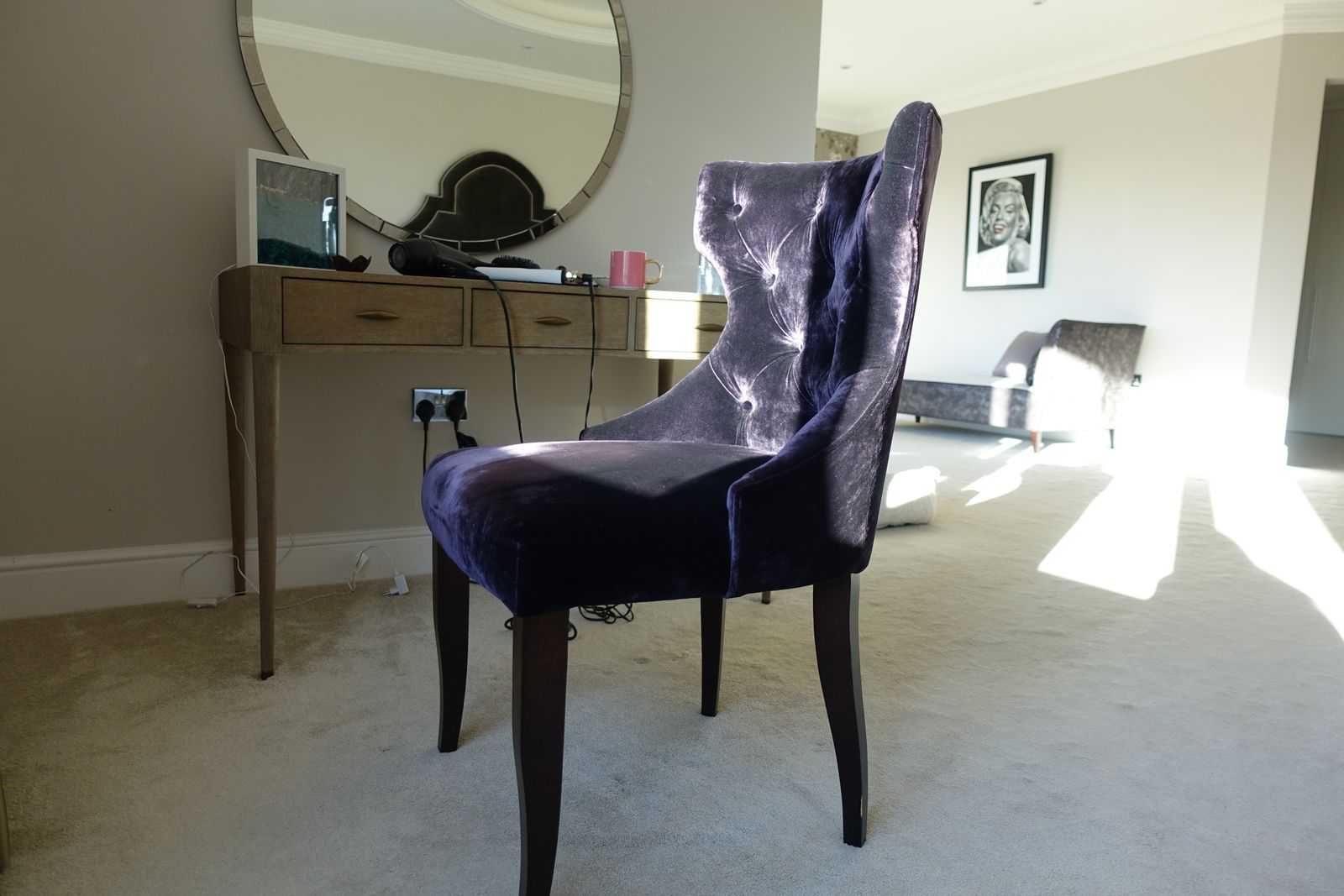 Luxury Upholstered Dark Purple Accent Chair, Solid Deep Brown Wooden Legs photo for sale