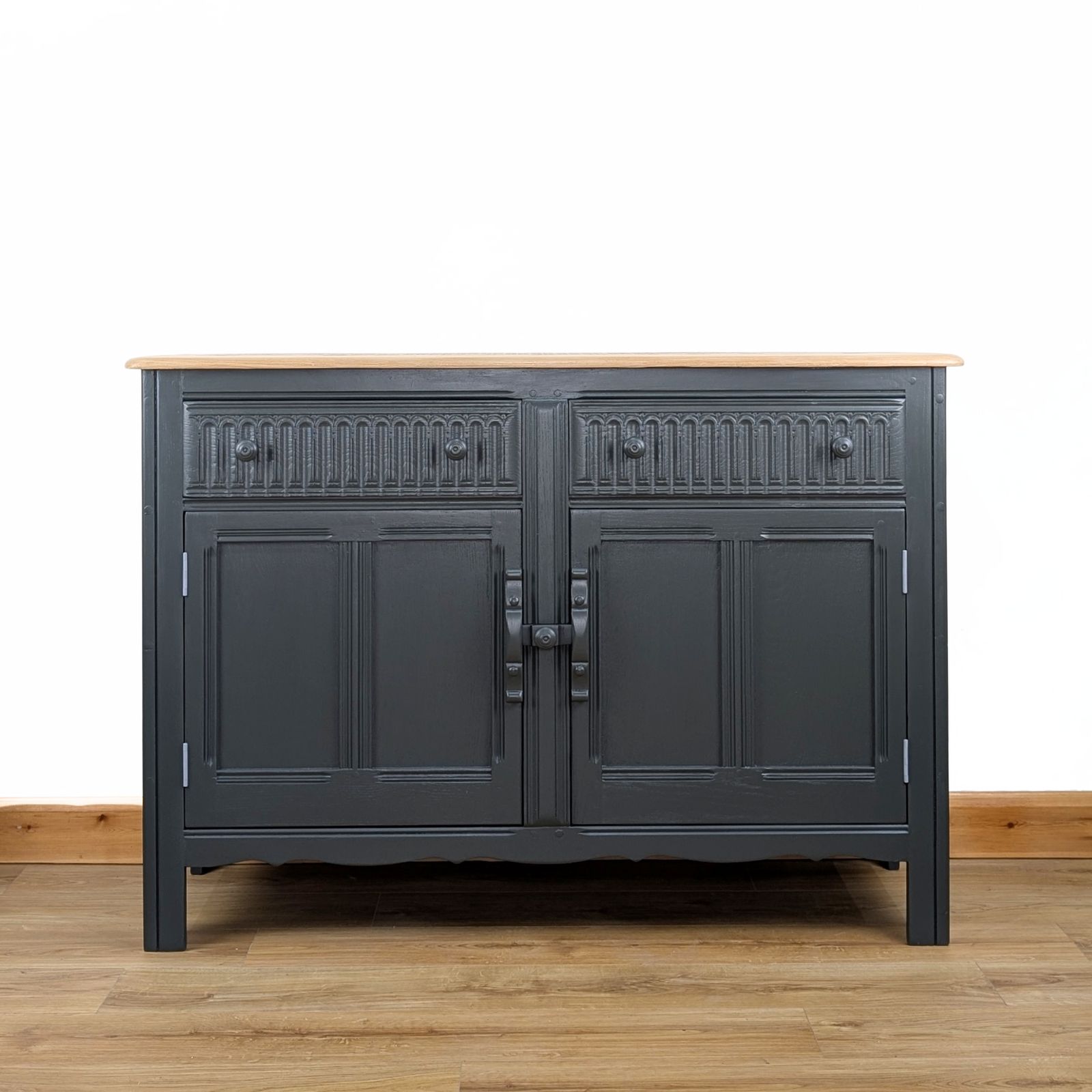 Ercol Sideboard, Old Colonial Range, Painted Neutral Dark Green, Retro Stencilled Wood Top photo 595.0