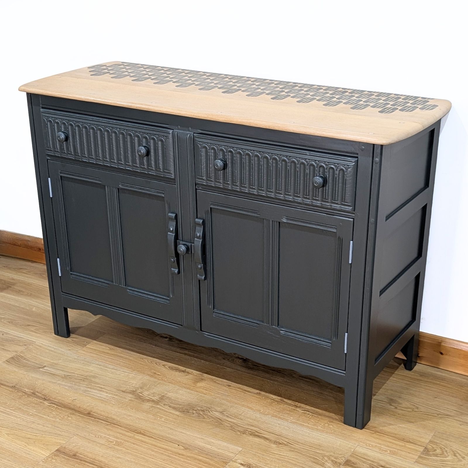 Ercol Sideboard, Old Colonial Range, Painted Neutral Dark Green, Retro Stencilled Wood Top photo vintage