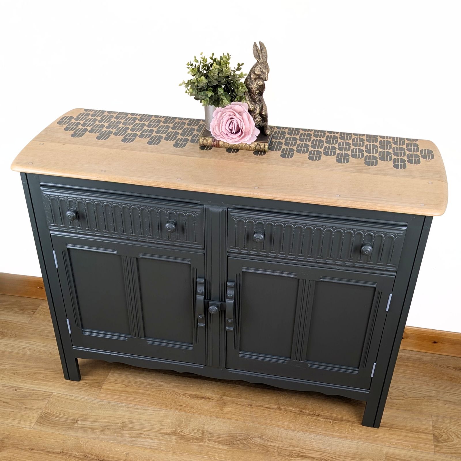 photo furniture Ercol Sideboard, Old Colonial Range, Painted Neutral Dark Green, Retro Stencilled Wood Top