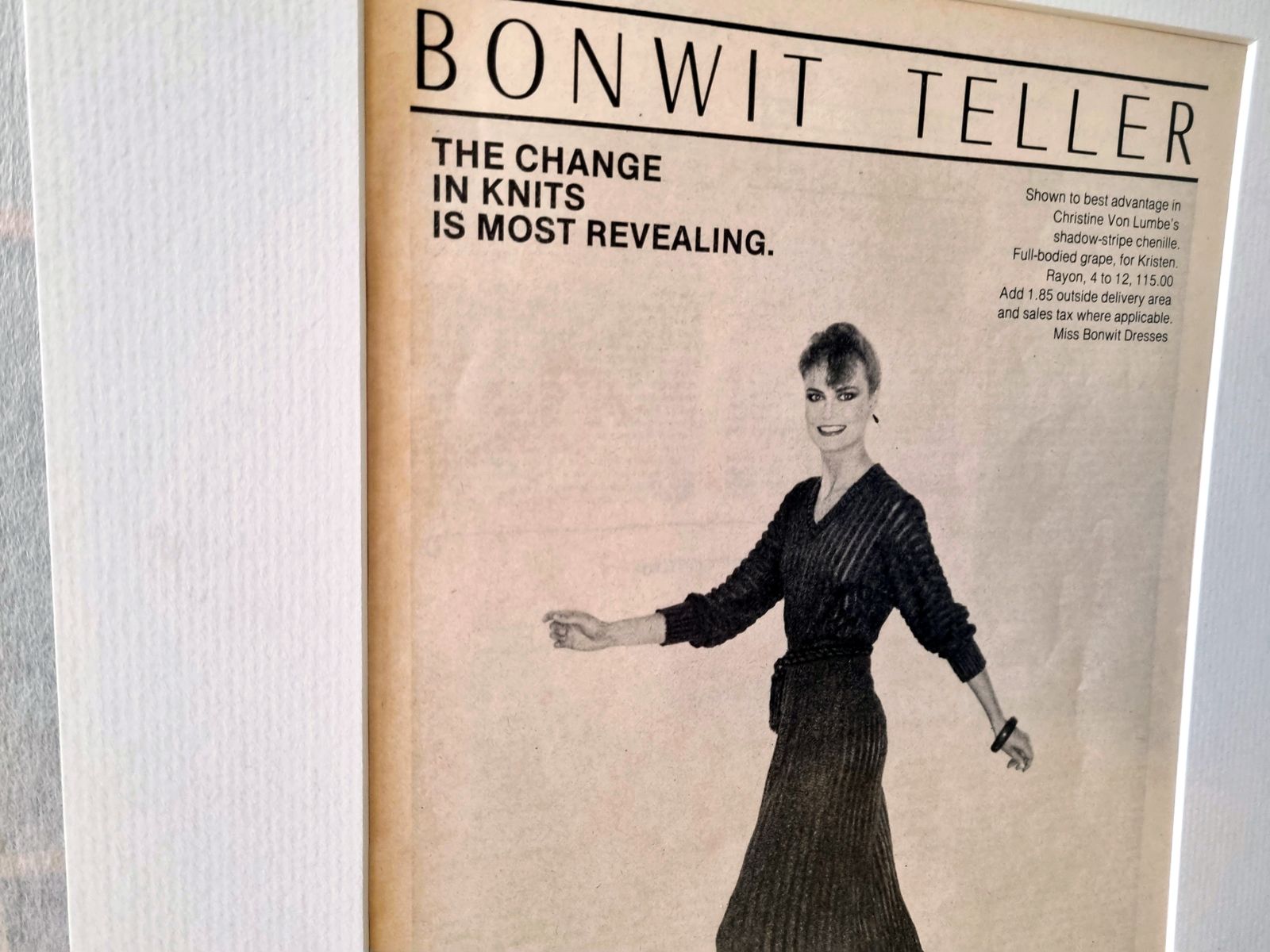 Fashion Advertising Print Art, Bonwit Teller Knit Dress Advertisement, 1970s Department Store Magazine Print Mounted photo for sale
