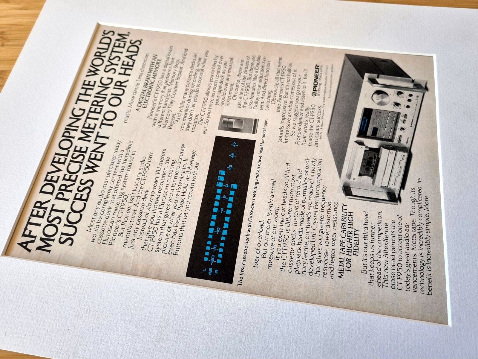 Pioneer Cassette Deck Print, Hi Fi Audio Wall Art, 1970s Stereo Magazine Advertisement Mounted photo Art