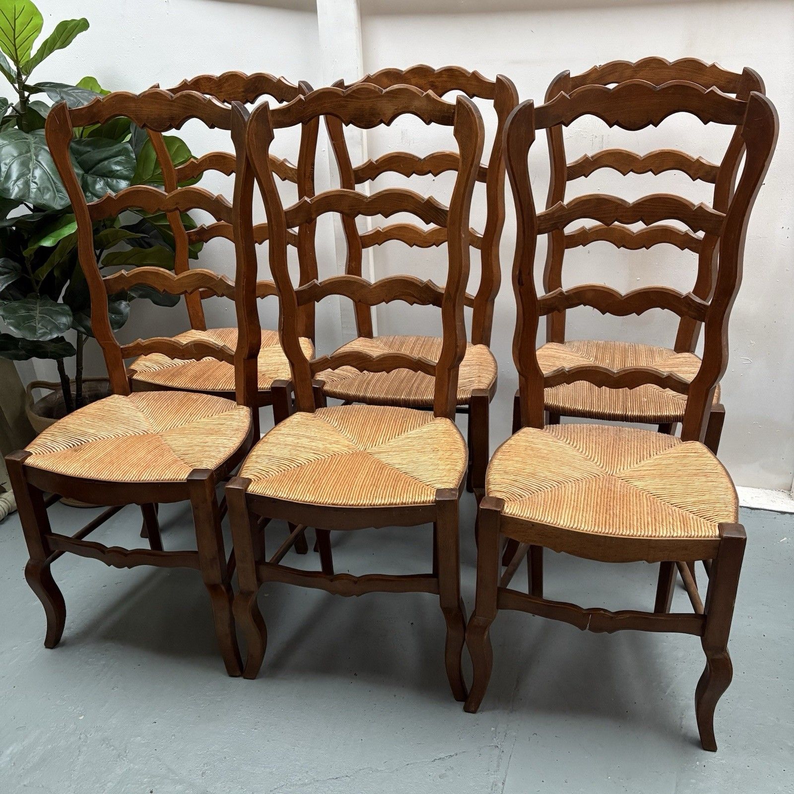 6 Vintage French Farmhouse Country Very High Ladderback Rush Seat Dining Chairs